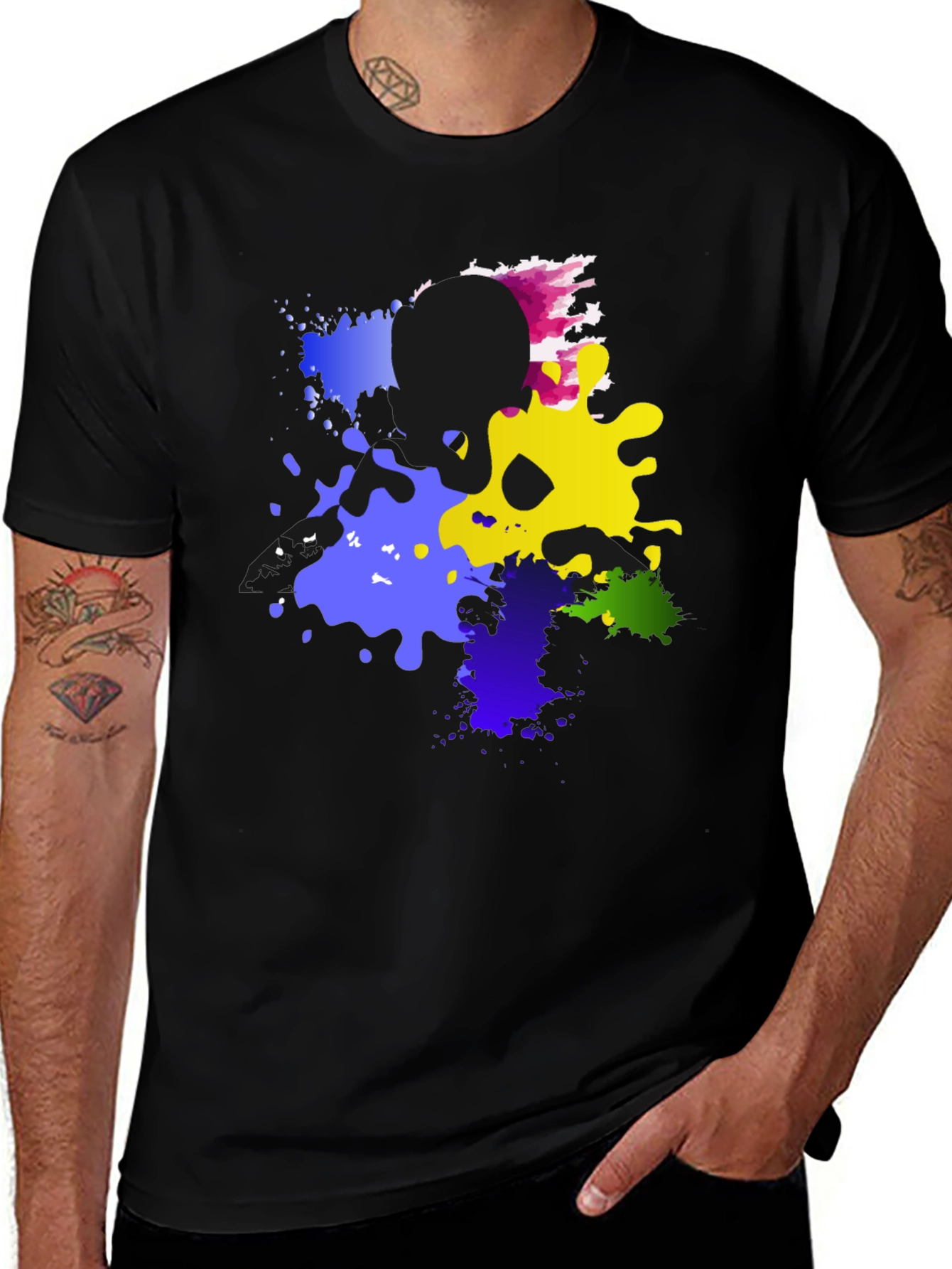 Variant 18 of Men's Black Graphic Tee - Colorful Paint Splatter Design