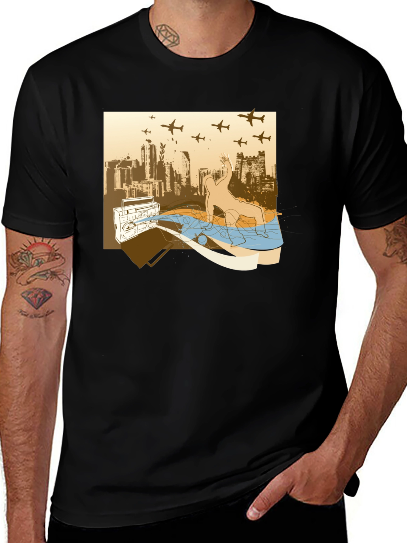 Variant 21 of Urban Beat T-Shirt: Boombox Cityscape Design