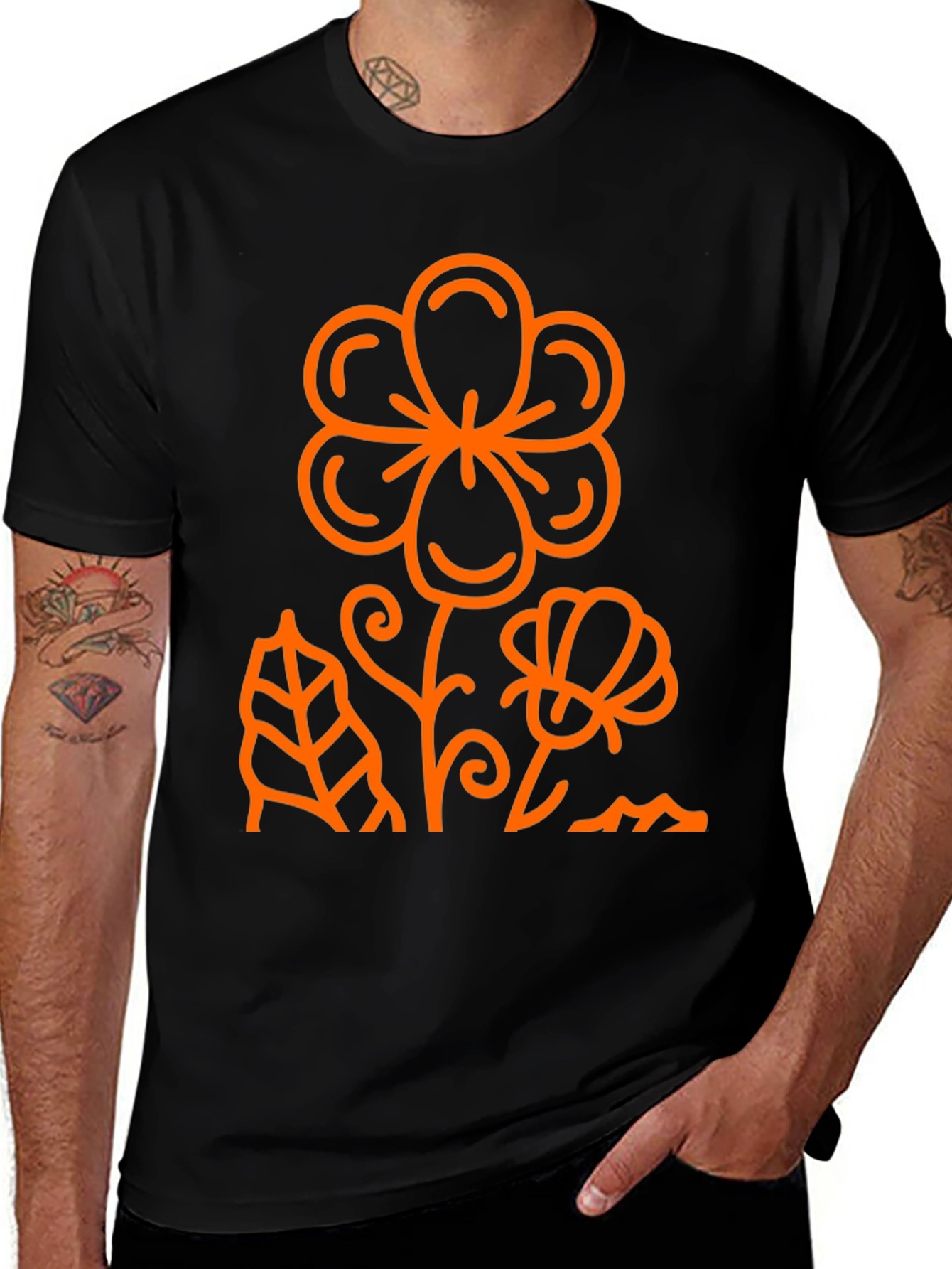 Black T-Shirt with Orange Flower Graphic