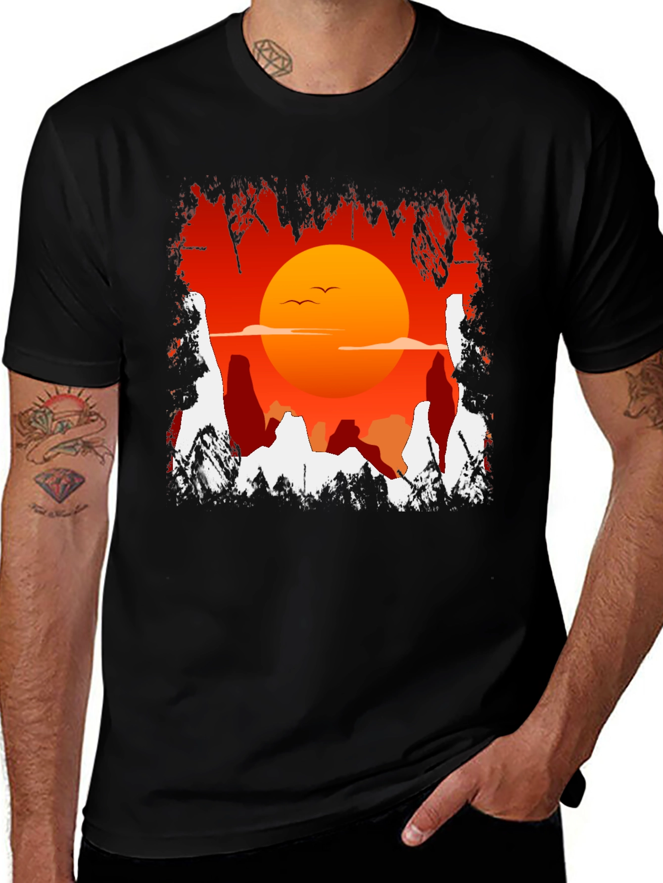 Variant 8 of Sunset Mountain Graphic Tee - Soft Black Cotton Casual Shirt