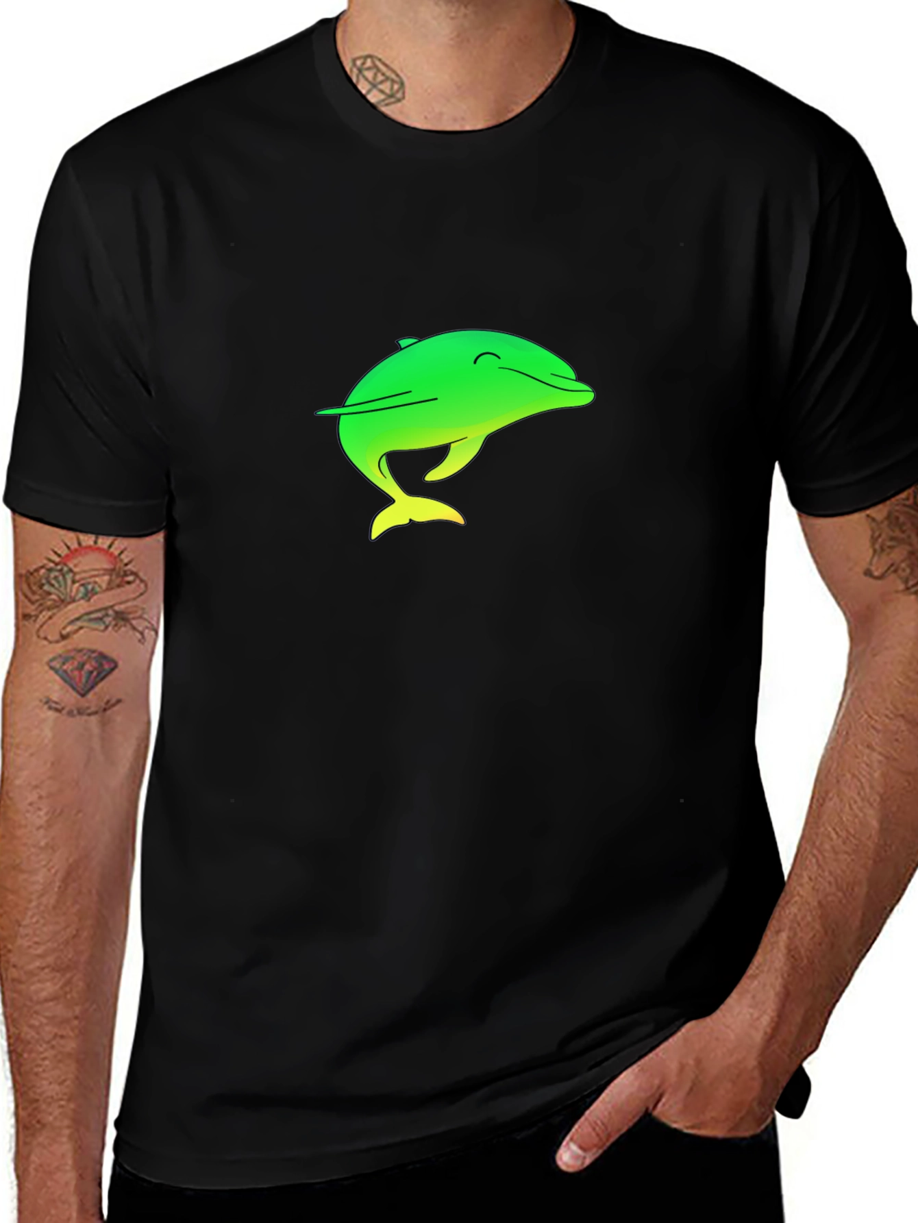 Variant 23 of Black T-Shirt with Green/Yellow Dolphin Graphic