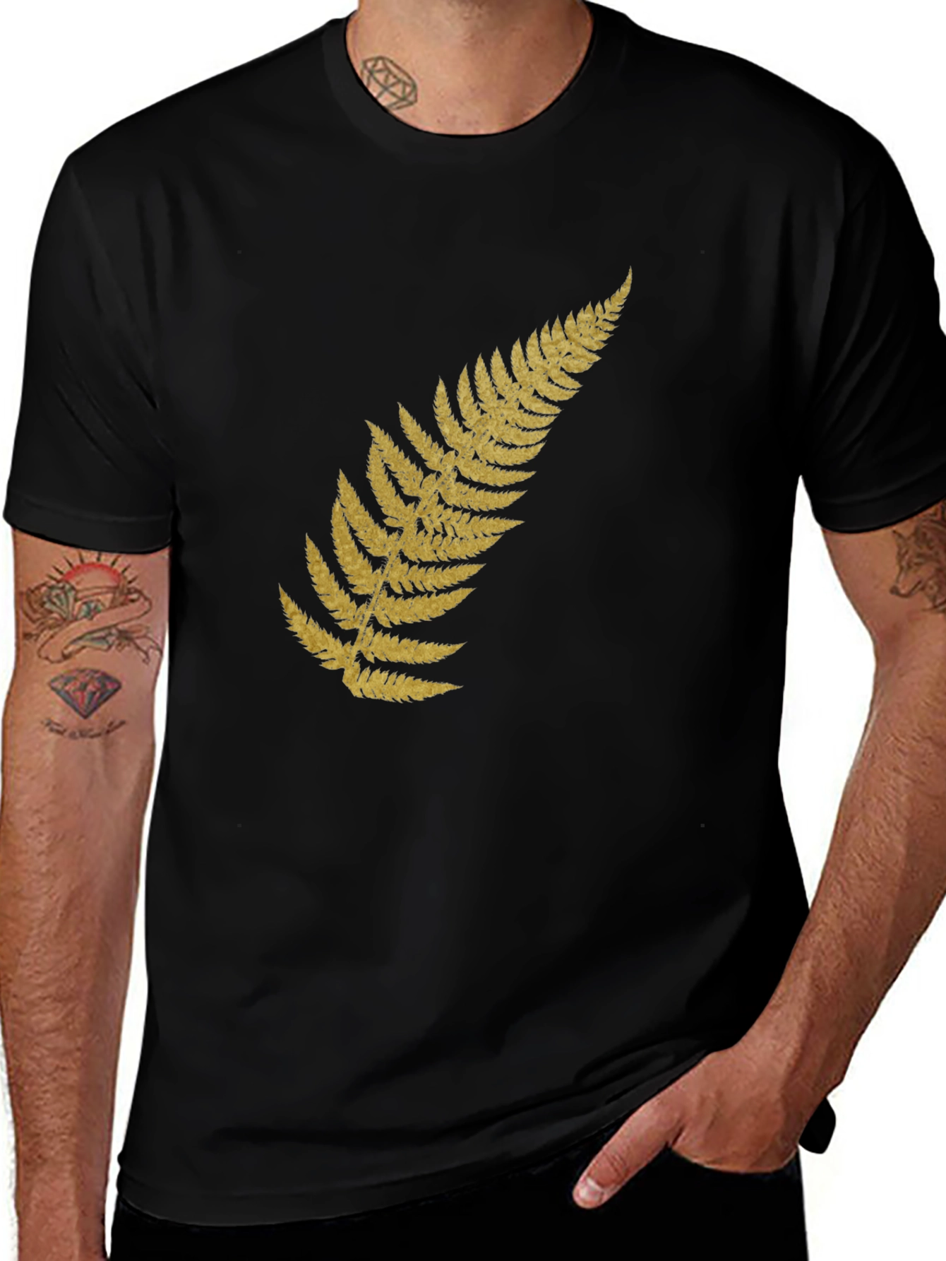 Variant 14 of Black T-Shirt with Gold Fern Design