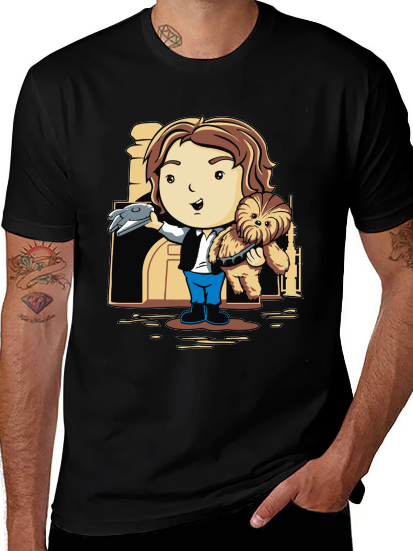 Variant 19 of Han Solo & Chewbacca Cartoon Black T-Shirt
