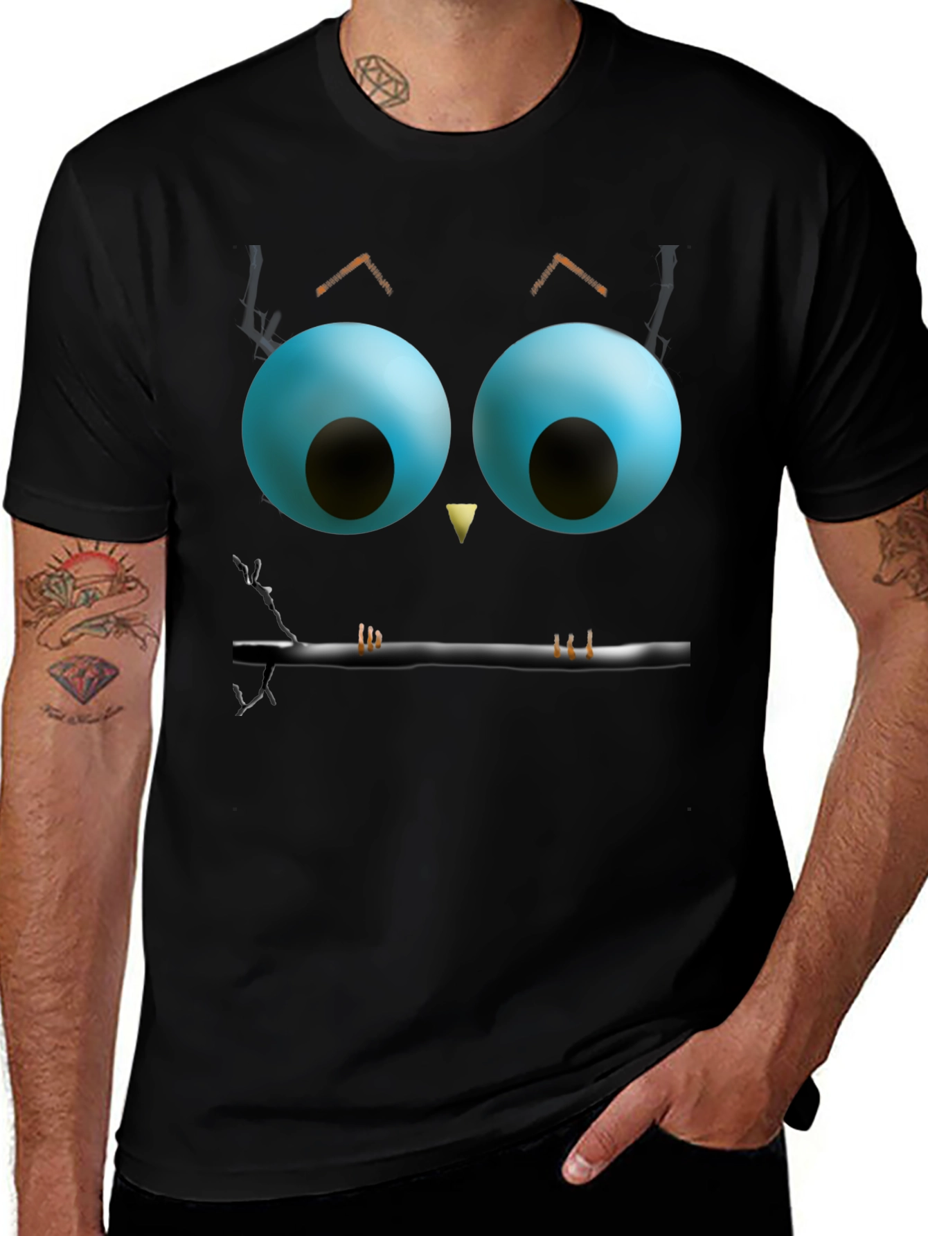 Variant 10 of Whimsical Owl Face Graphic Tee - Black
