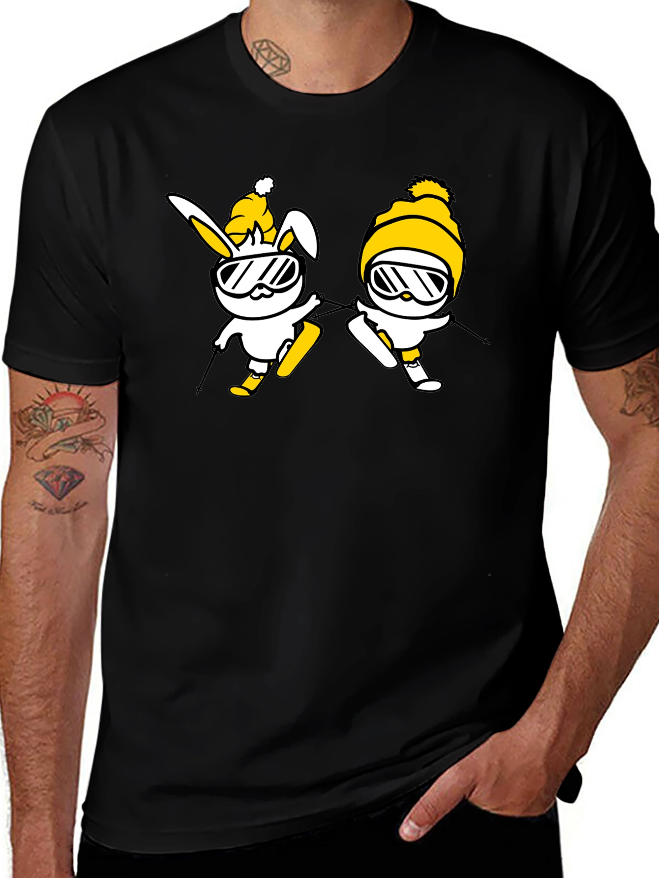Skiing Bunny Graphic Tee - Black Cotton T-Shirt