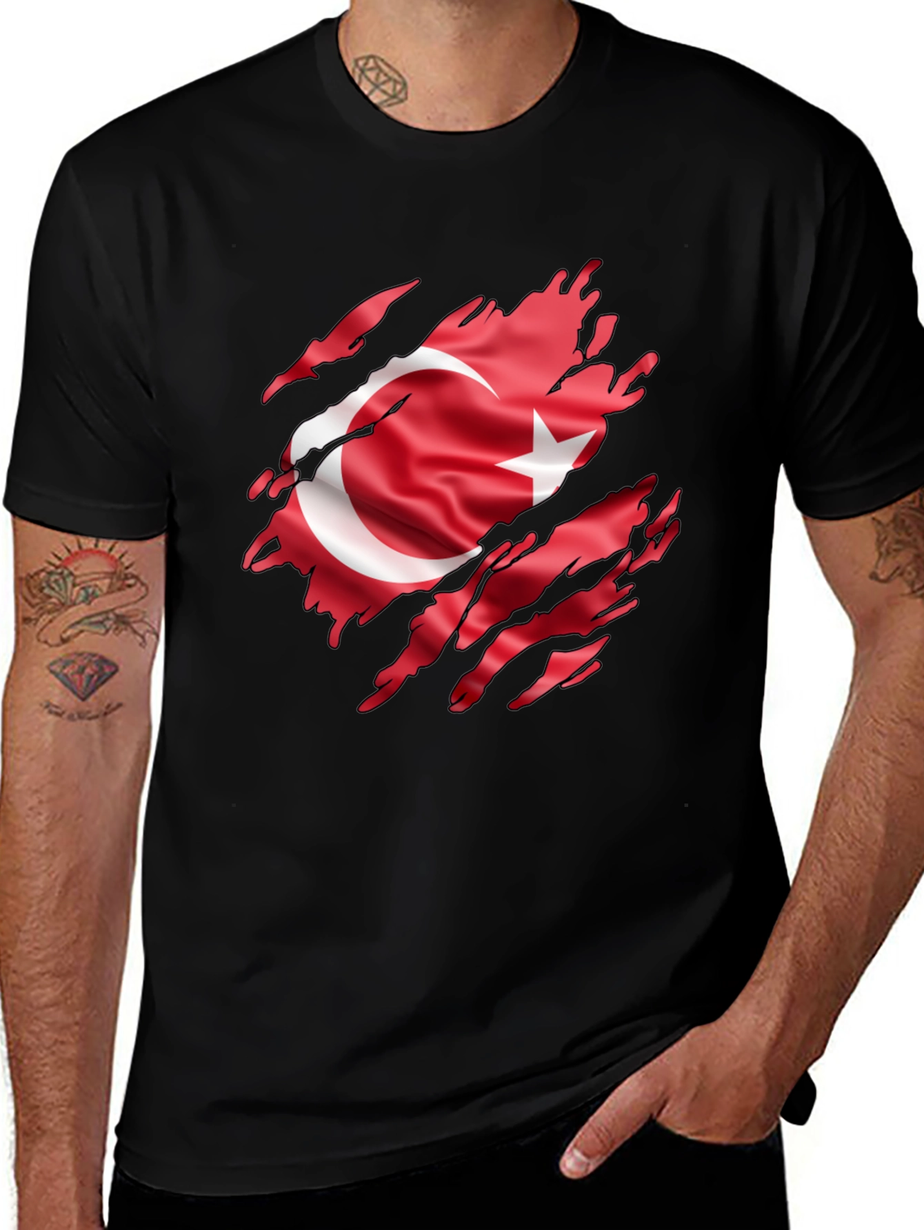 Variant 11 of Men's Black T-Shirt with Turkey Flag Graphic