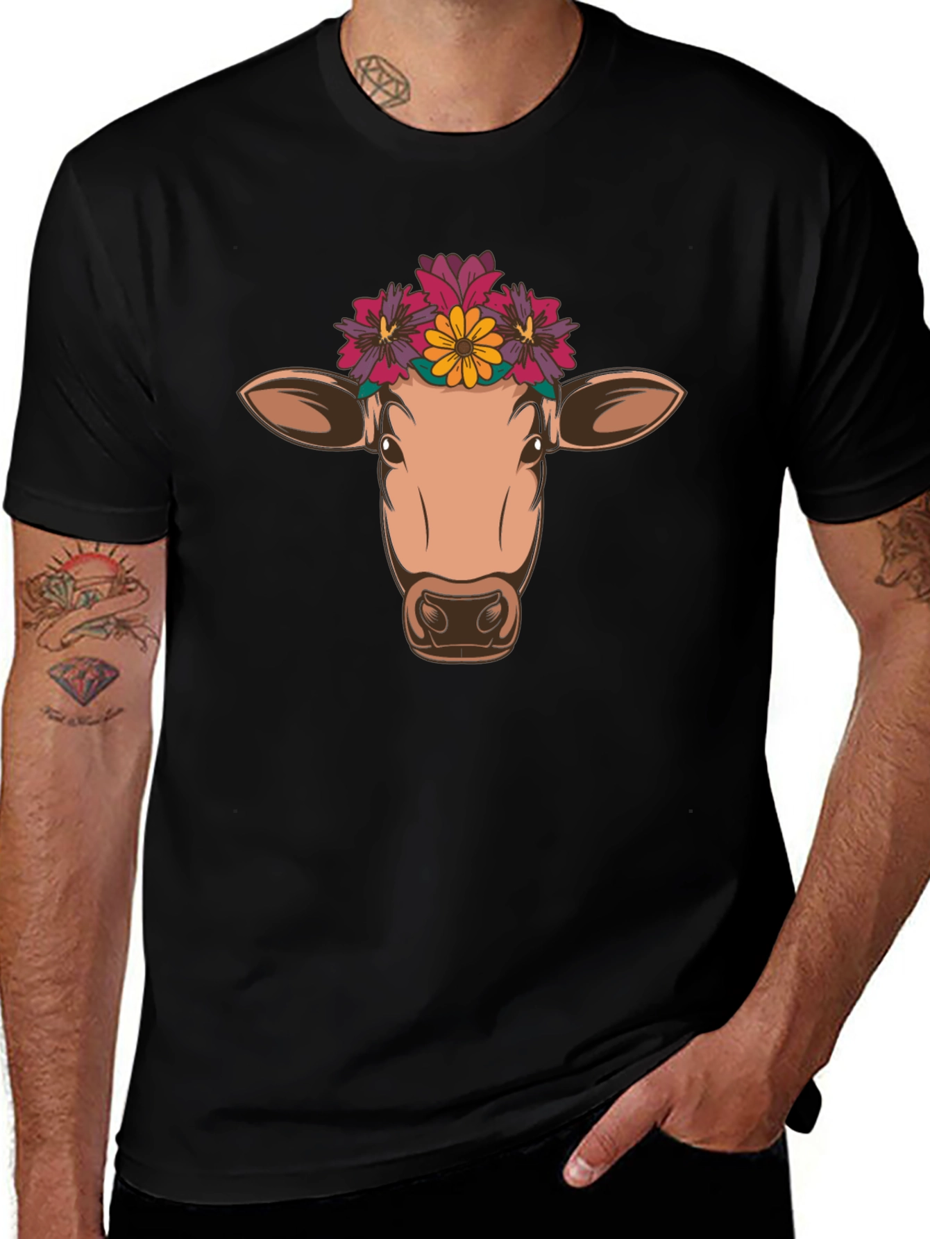 Variant 11 of Cow with Flowers Graphic Tee - Black