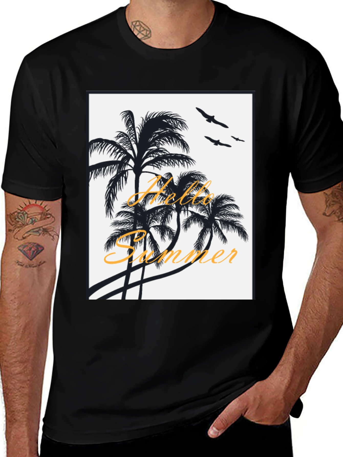 Variant 10 of Hello Summer Black T-Shirt with Palm Tree Design