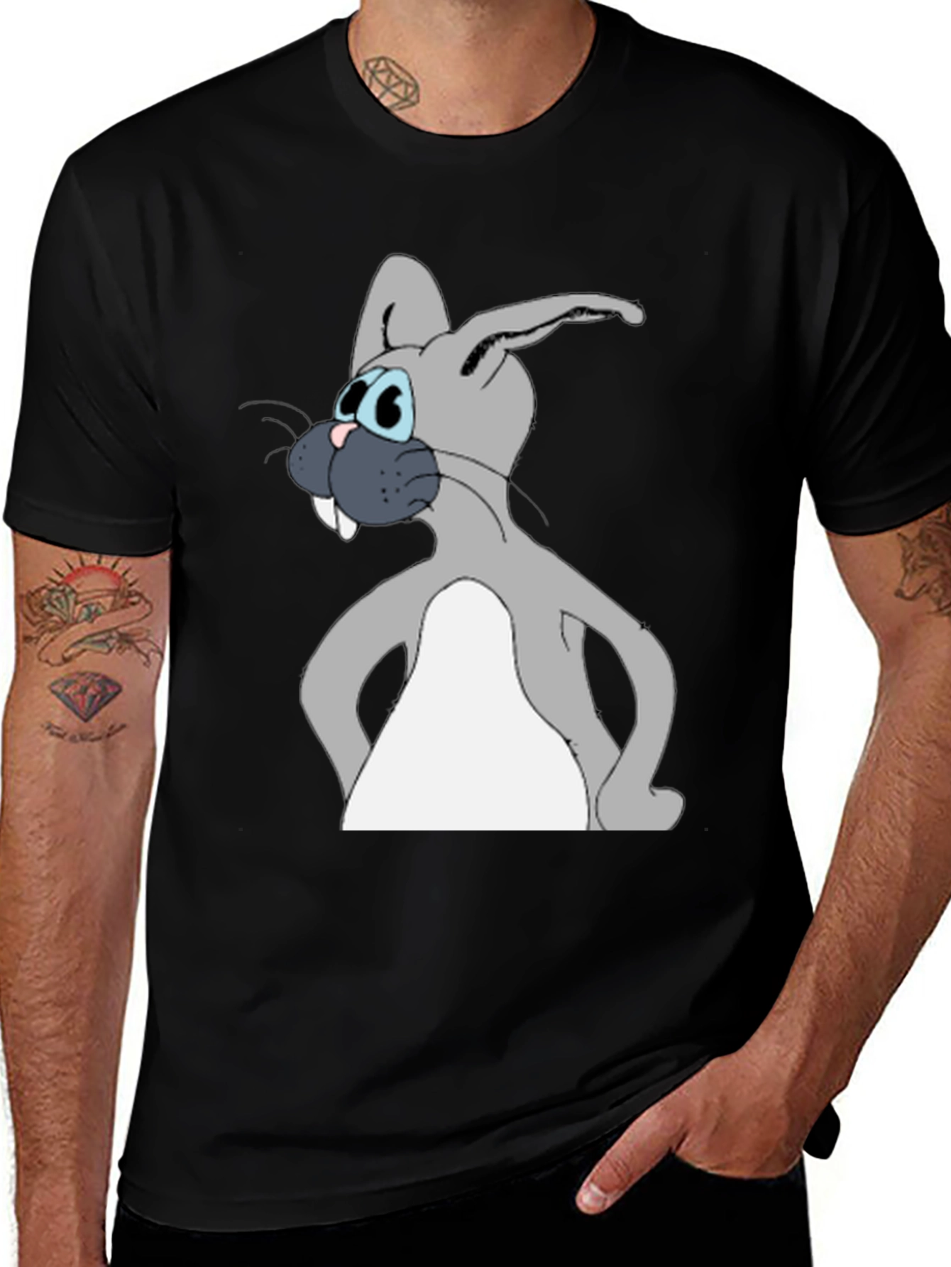 Variant 20 of Cartoon Rabbit Graphic Tee - Black Cotton Blend