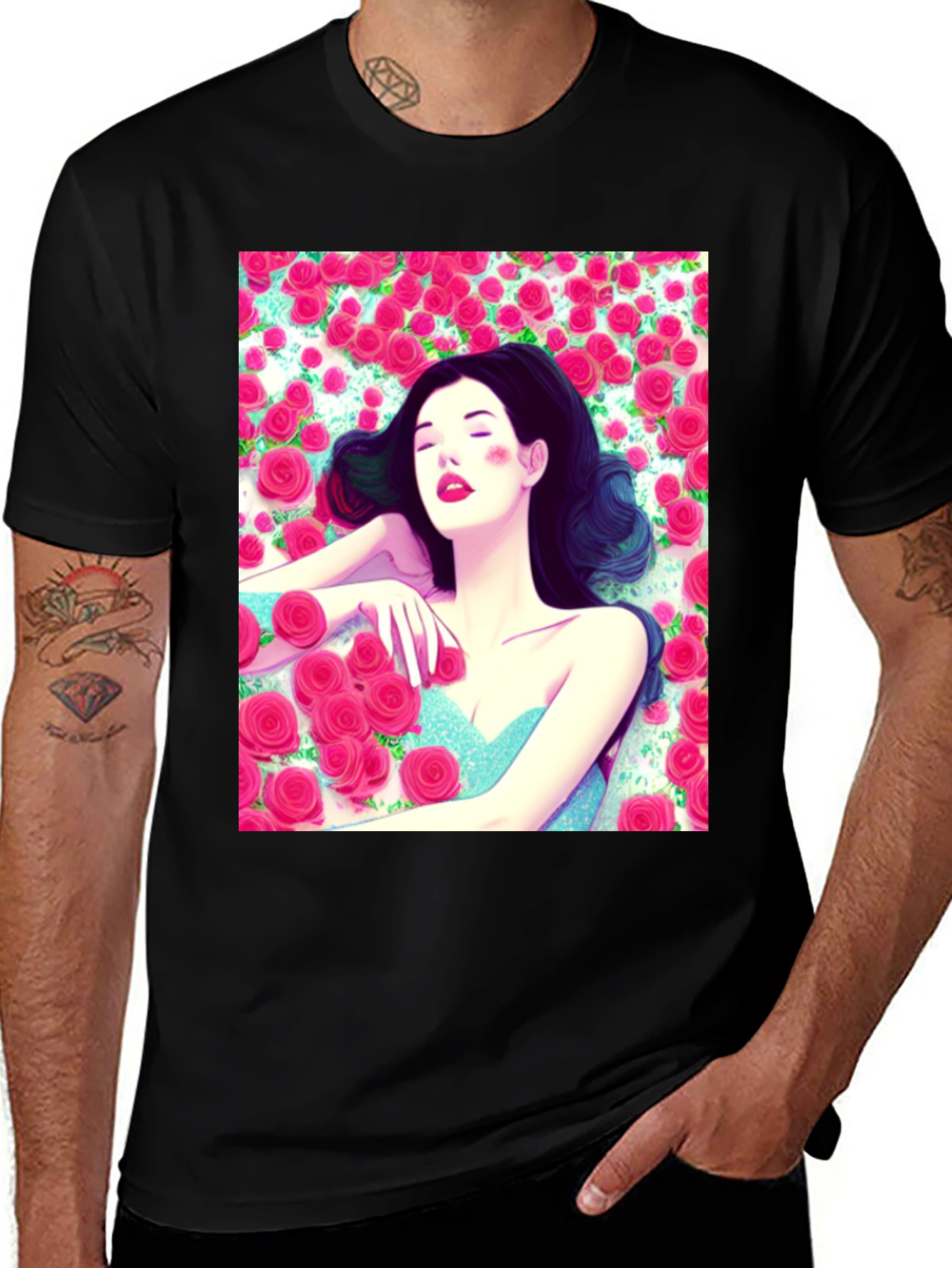 Variant 15 of Floral Dream T-Shirt - Black Cotton Blend, Artistic Design