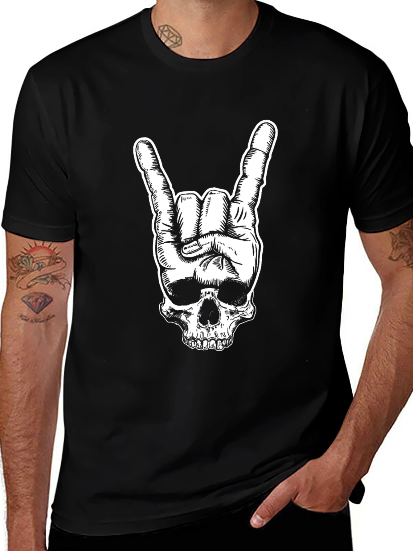 Variant 12 of Rock On Skull Graphic Tee - Black
