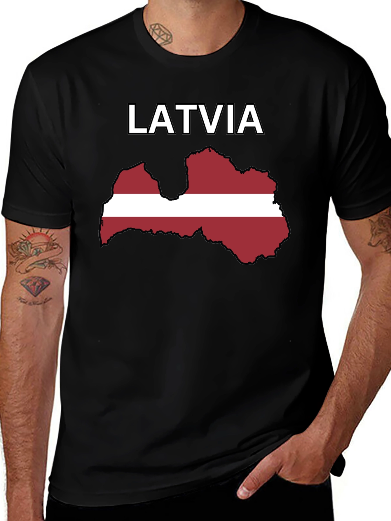 Latvia Flag Map T-Shirt - Black