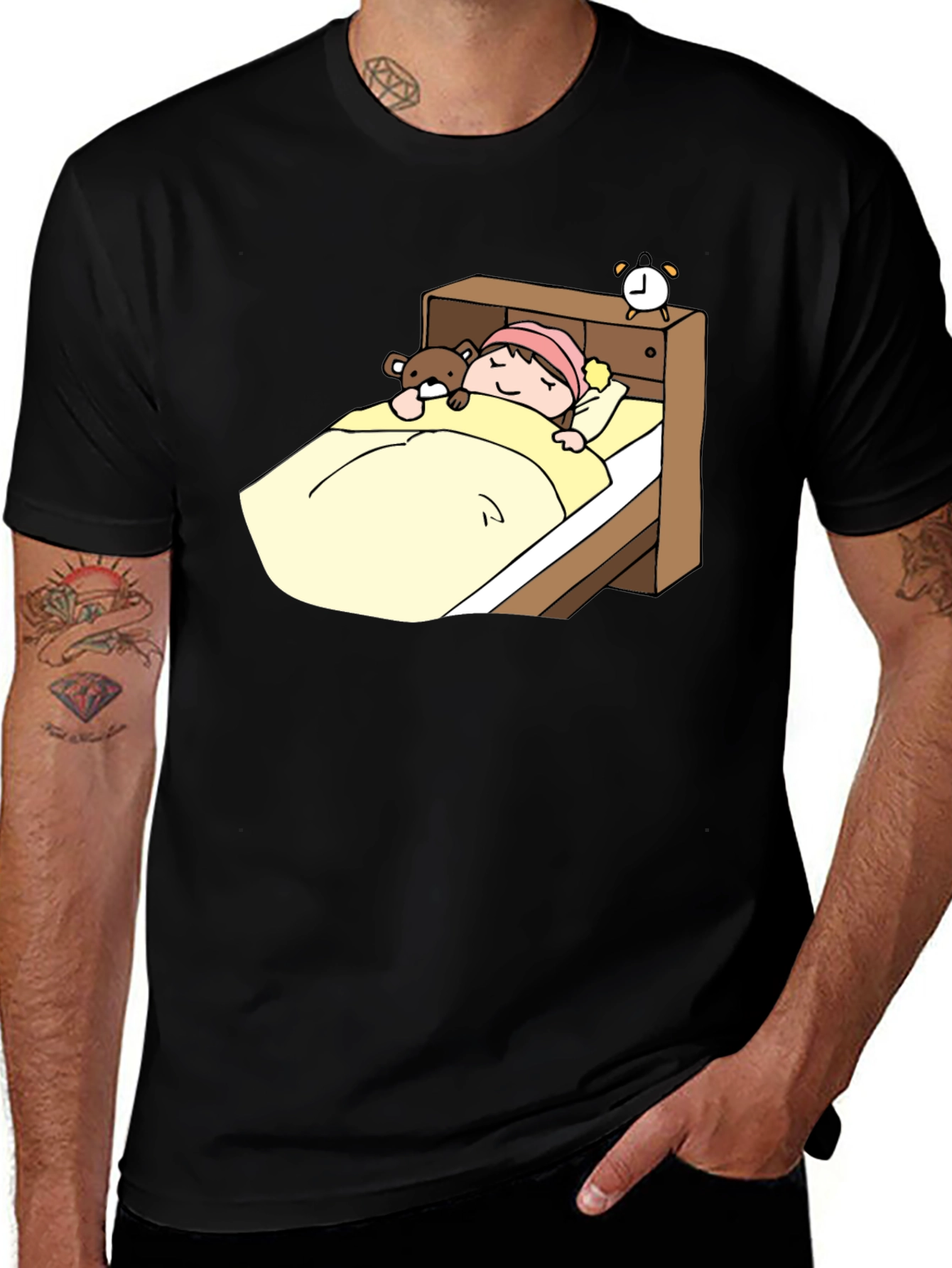 Variant 10 of Cute Sleeping Cartoon Print Black T-Shirt