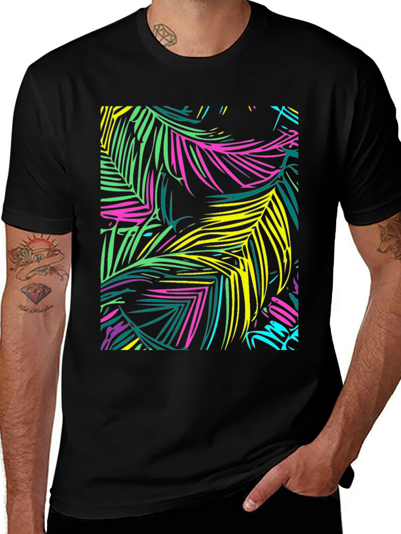 Variant 30 of Tropical Palm Leaf Print Black T-Shirt