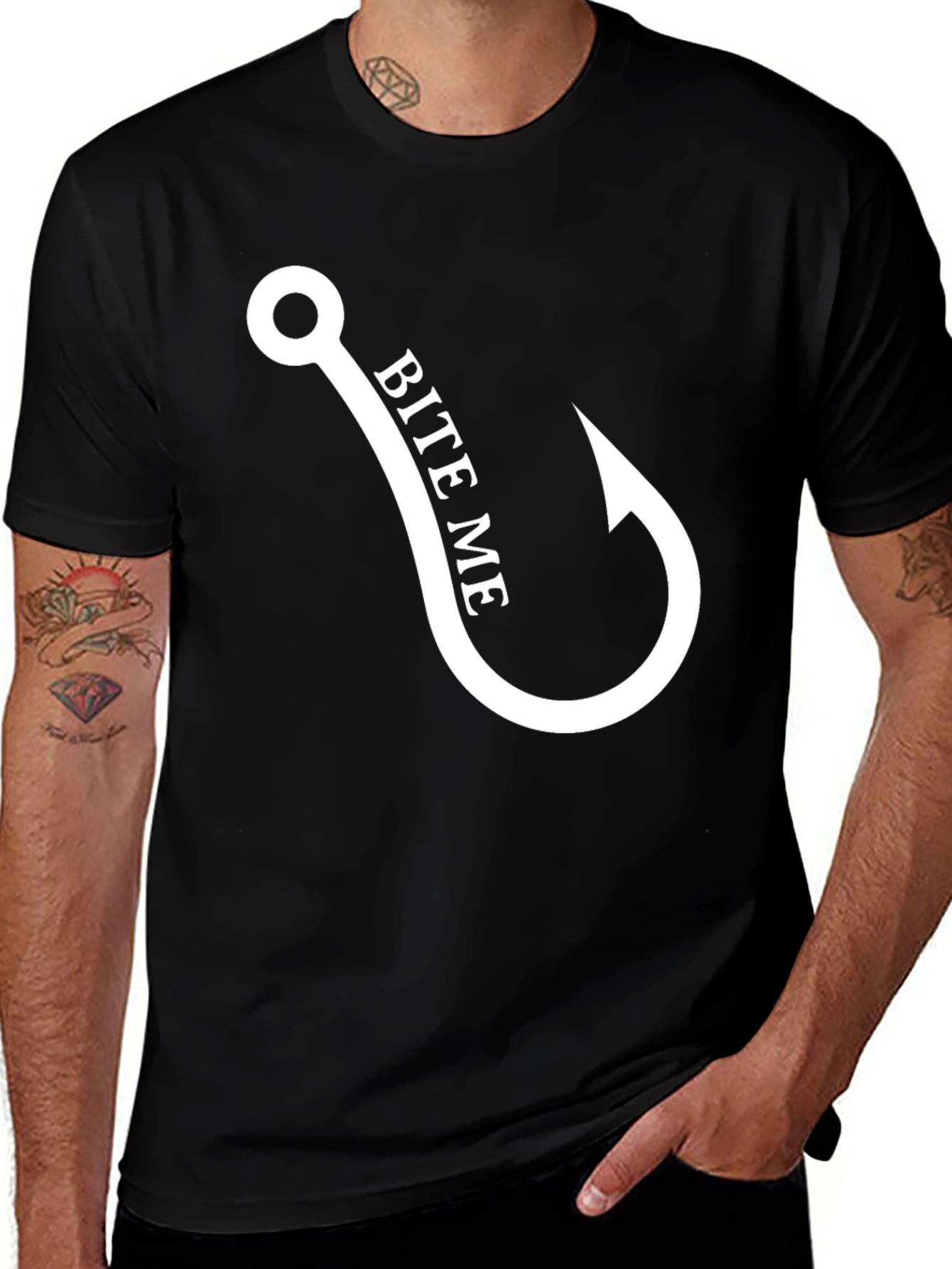 Variant 20 of Bite Me Fishing Hook Graphic Tee - Black Cotton T-Shirt