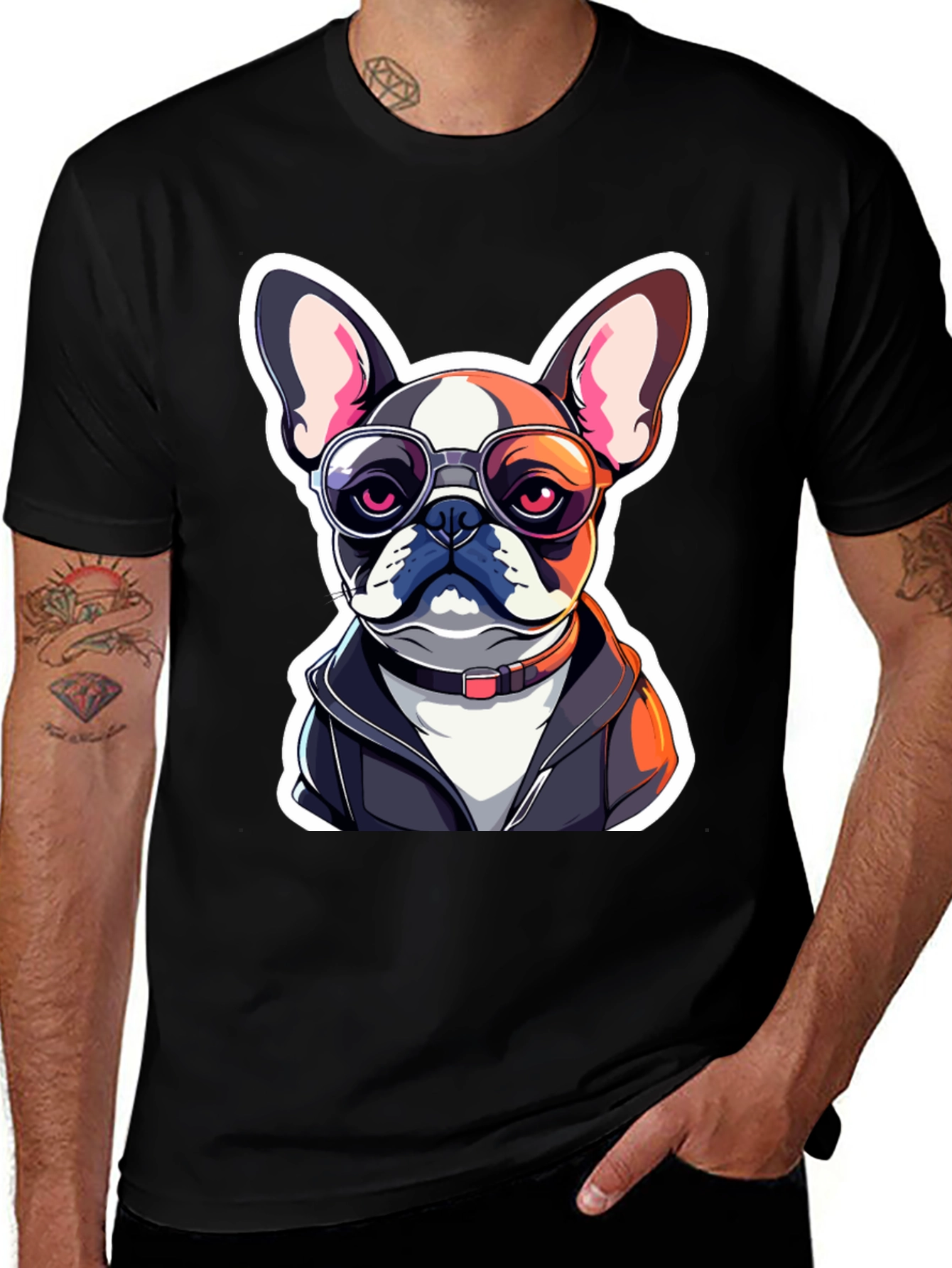 Cool Dog T-Shirt - Bulldog with Glasses & Leather Jacket