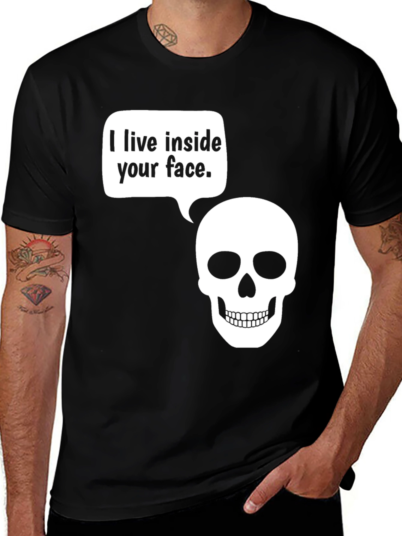 Variant 11 of Humorous Skull T-Shirt - "I live inside your face."