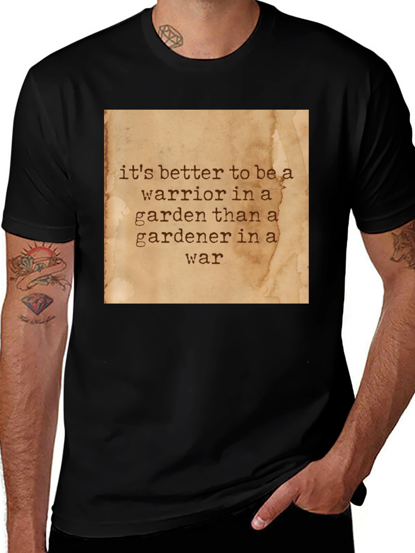 Variant 23 of Warrior in a Garden Graphic Tee - Black Cotton Casual T-Shirt