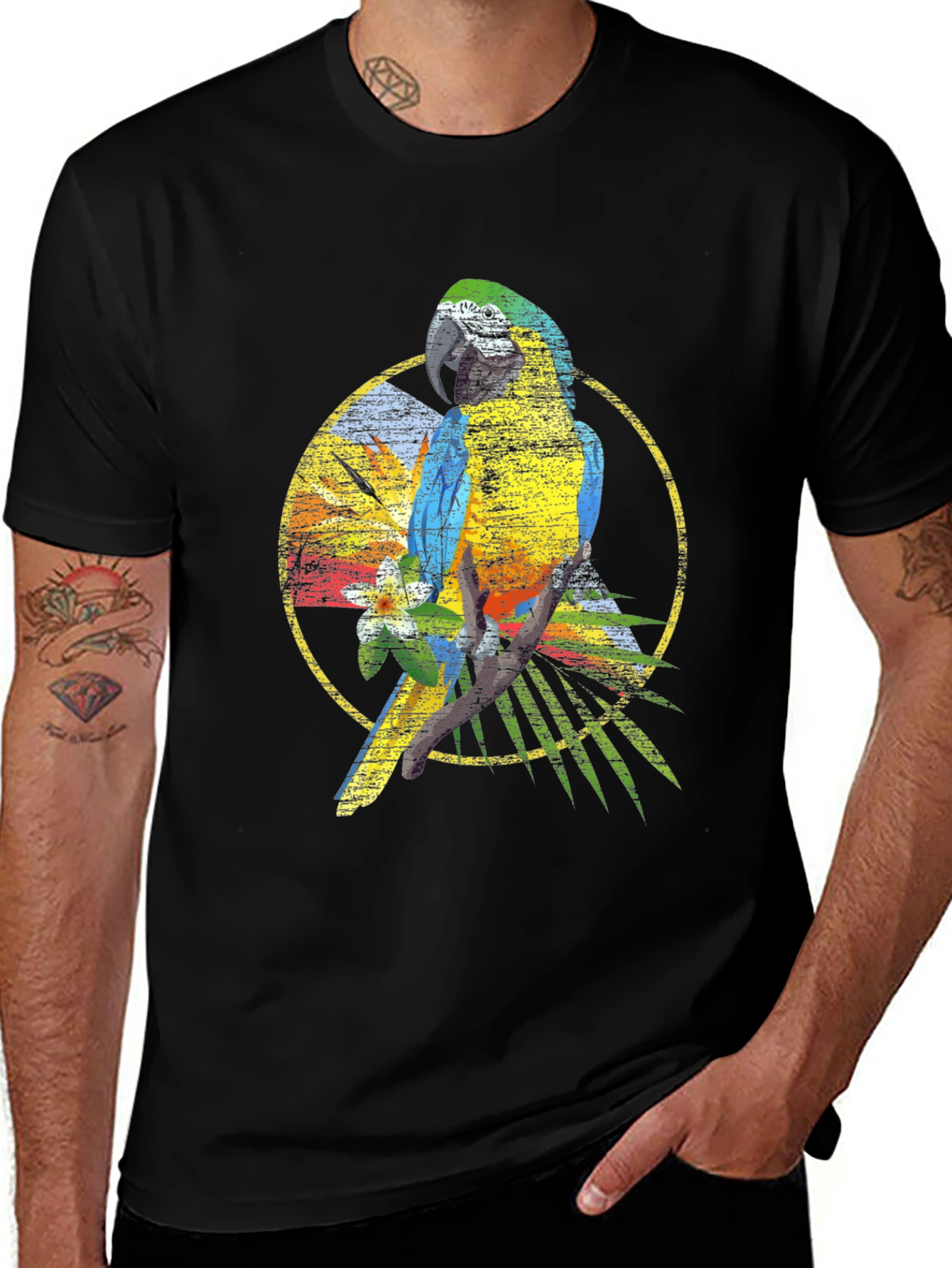 Variant 18 of Tropical Parrot Graphic Tee - Men's Black T-Shirt