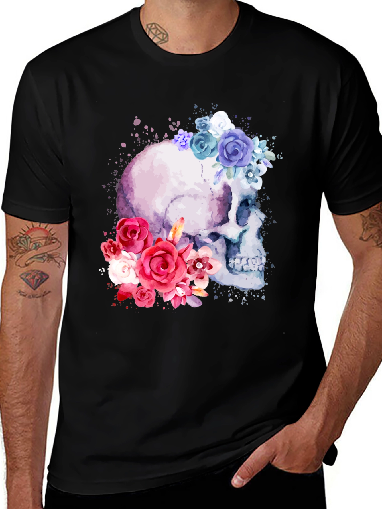 Variant 8 of Floral Skull Graphic Tee - Men's Black T-Shirt
