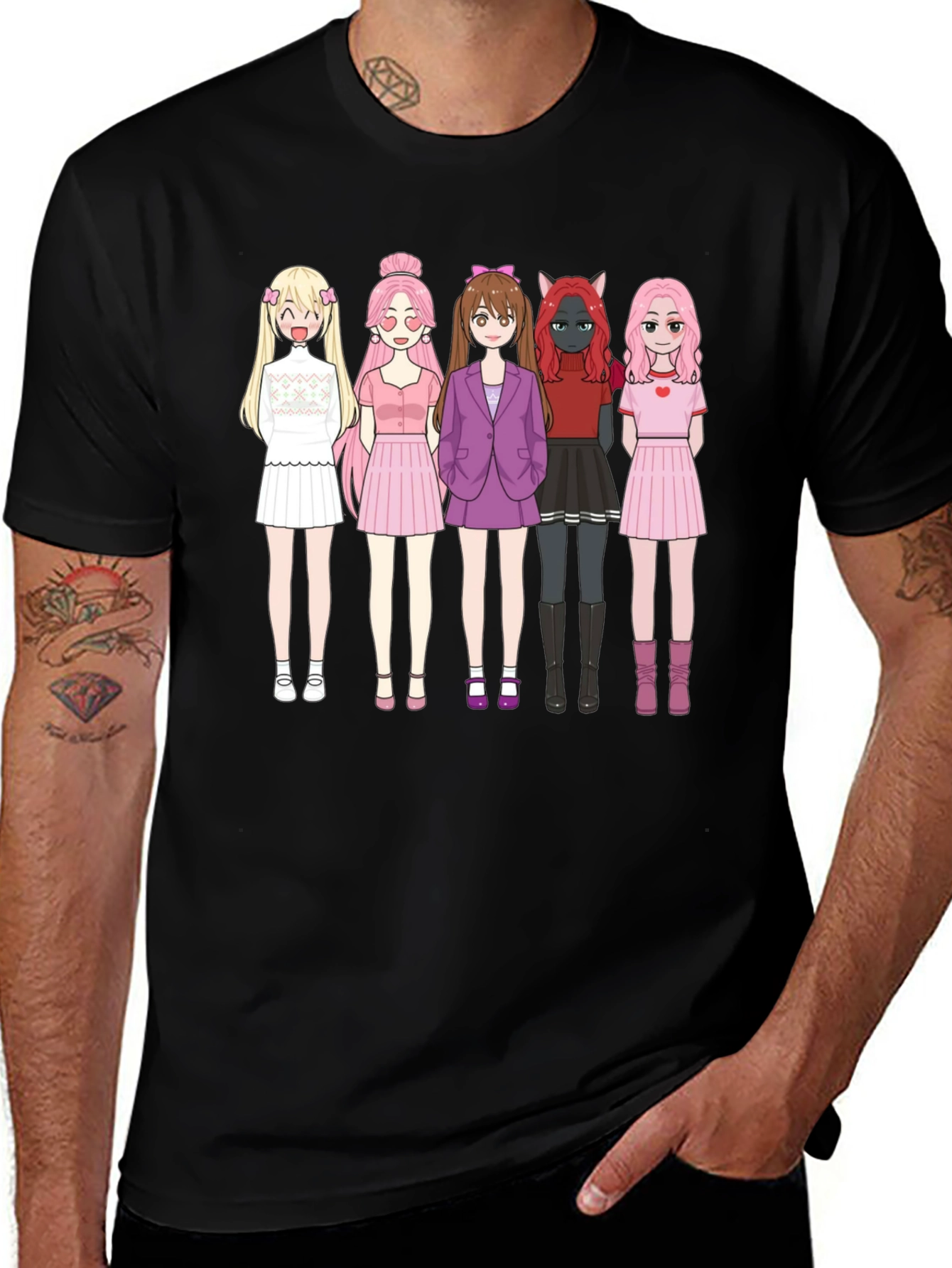 Variant 4 of Anime Girl Group Graphic Black Cotton T-Shirt