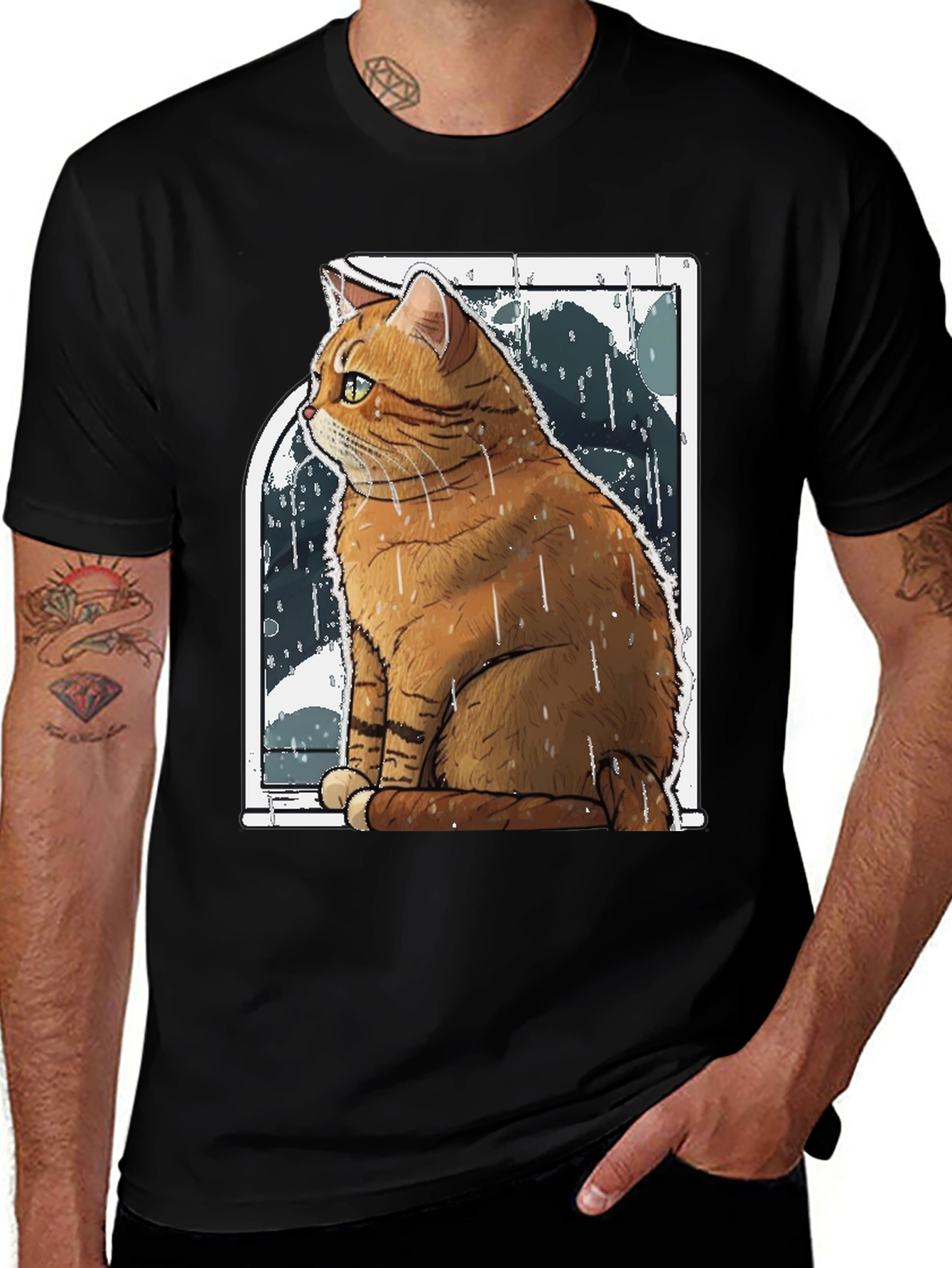 Variant 2 of Rainy Day Cat Graphic Tee - Unisex Black T-Shirt