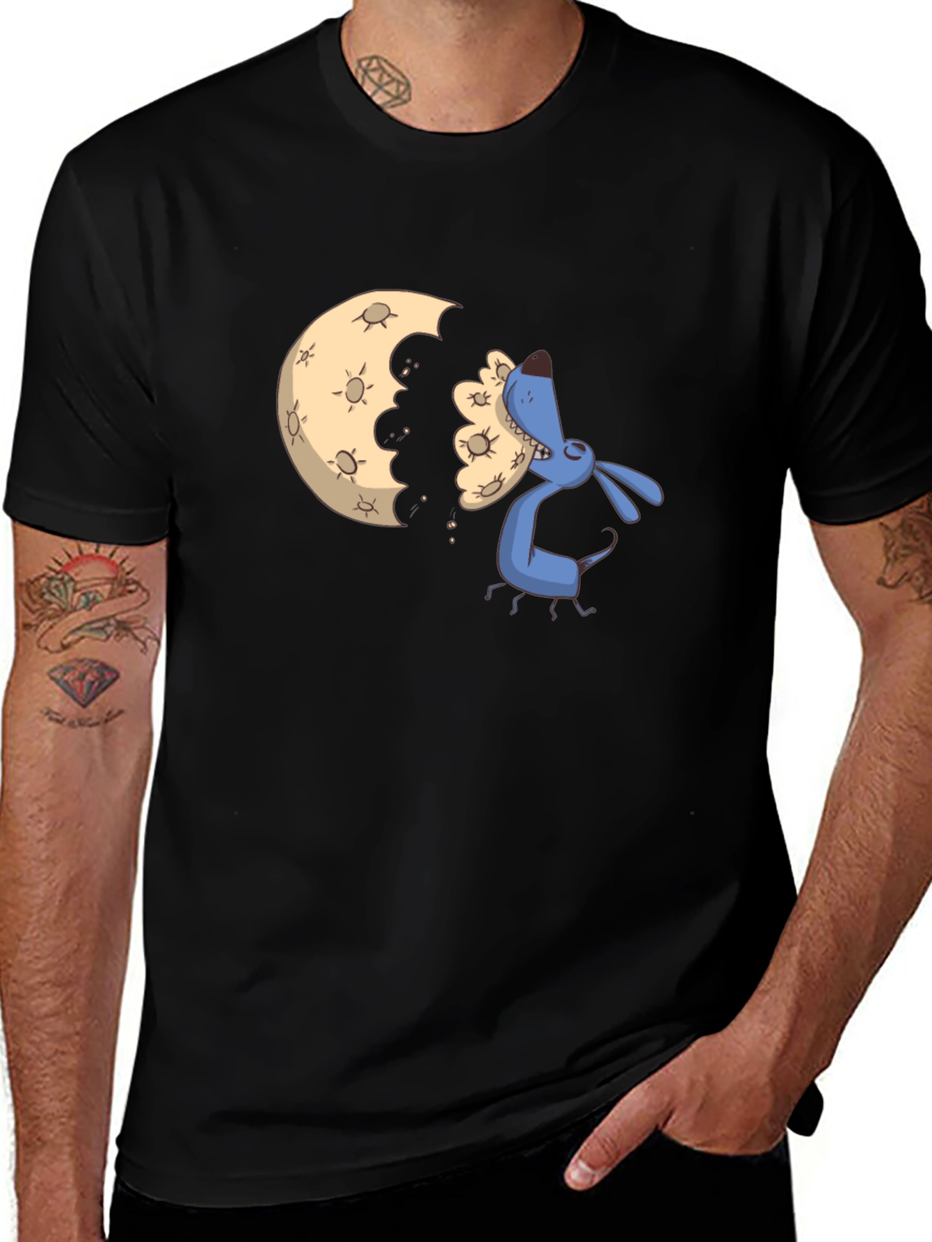 Variant 6 of Cartoon Moon Eating Dog Black T-Shirt