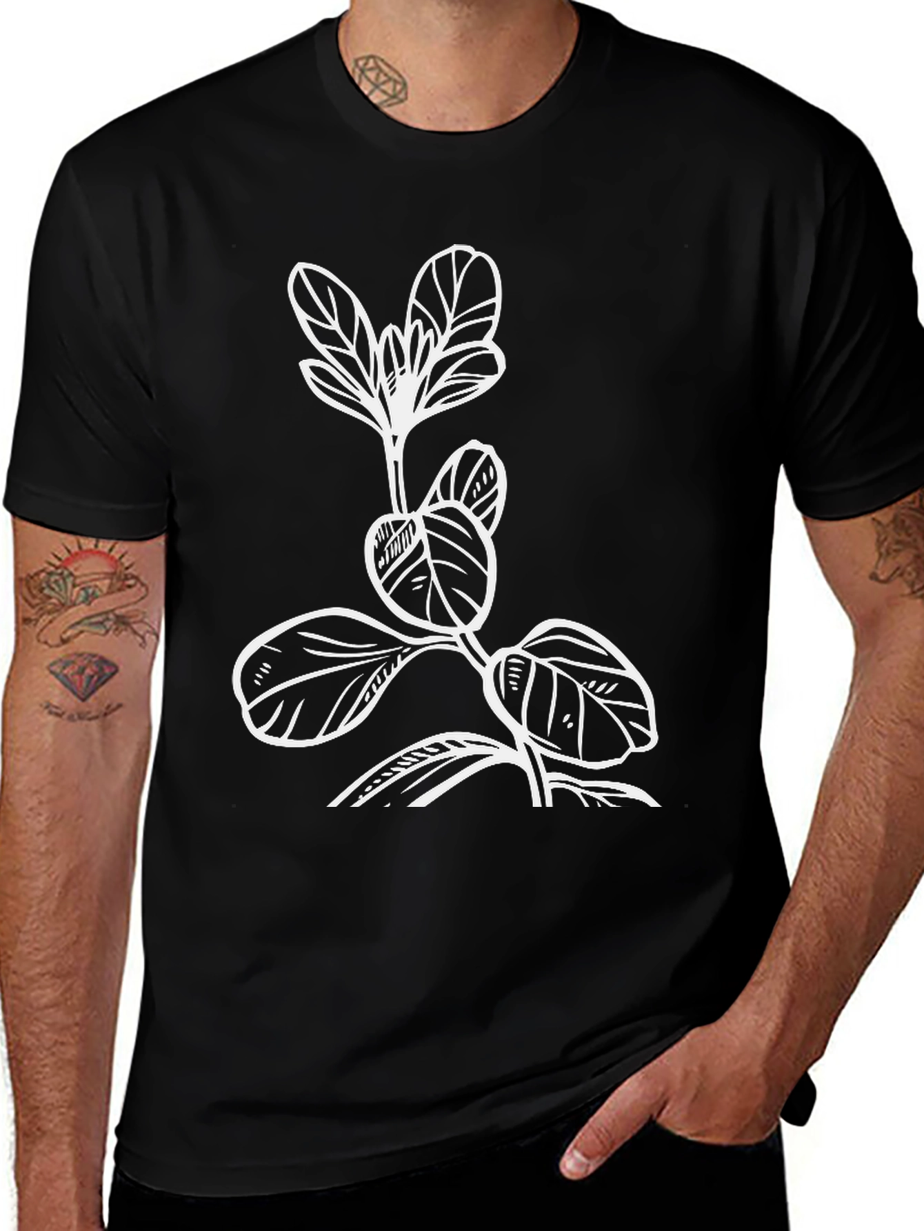 Variant 14 of Men's Black T-Shirt with Botanical Print