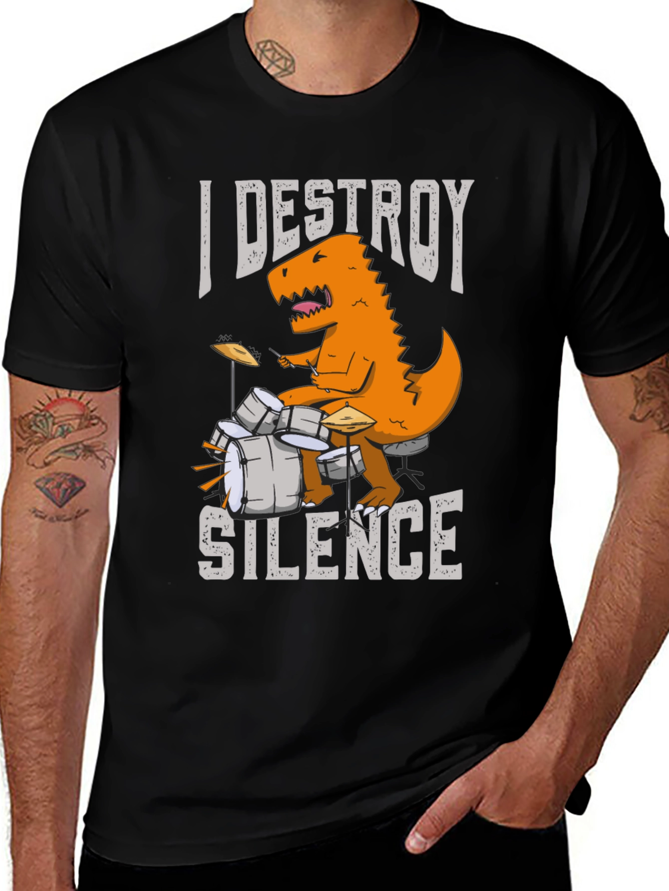 Variant 8 of I DESTROY SILENCE T-Rex Drummer Graphic Tee