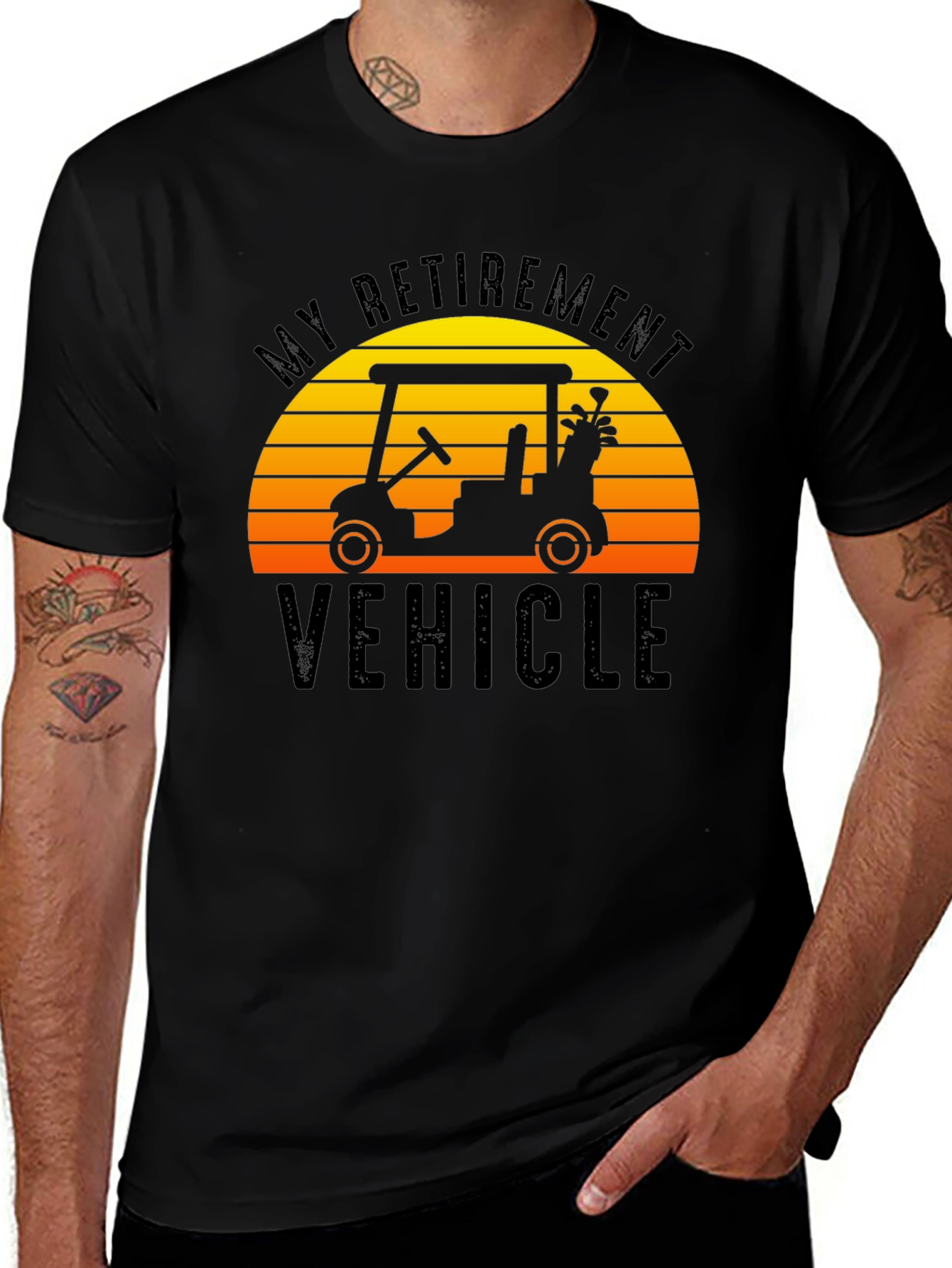 Variant 17 of My Retirement Vehicle T-Shirt Golf Cart Sunset Tee