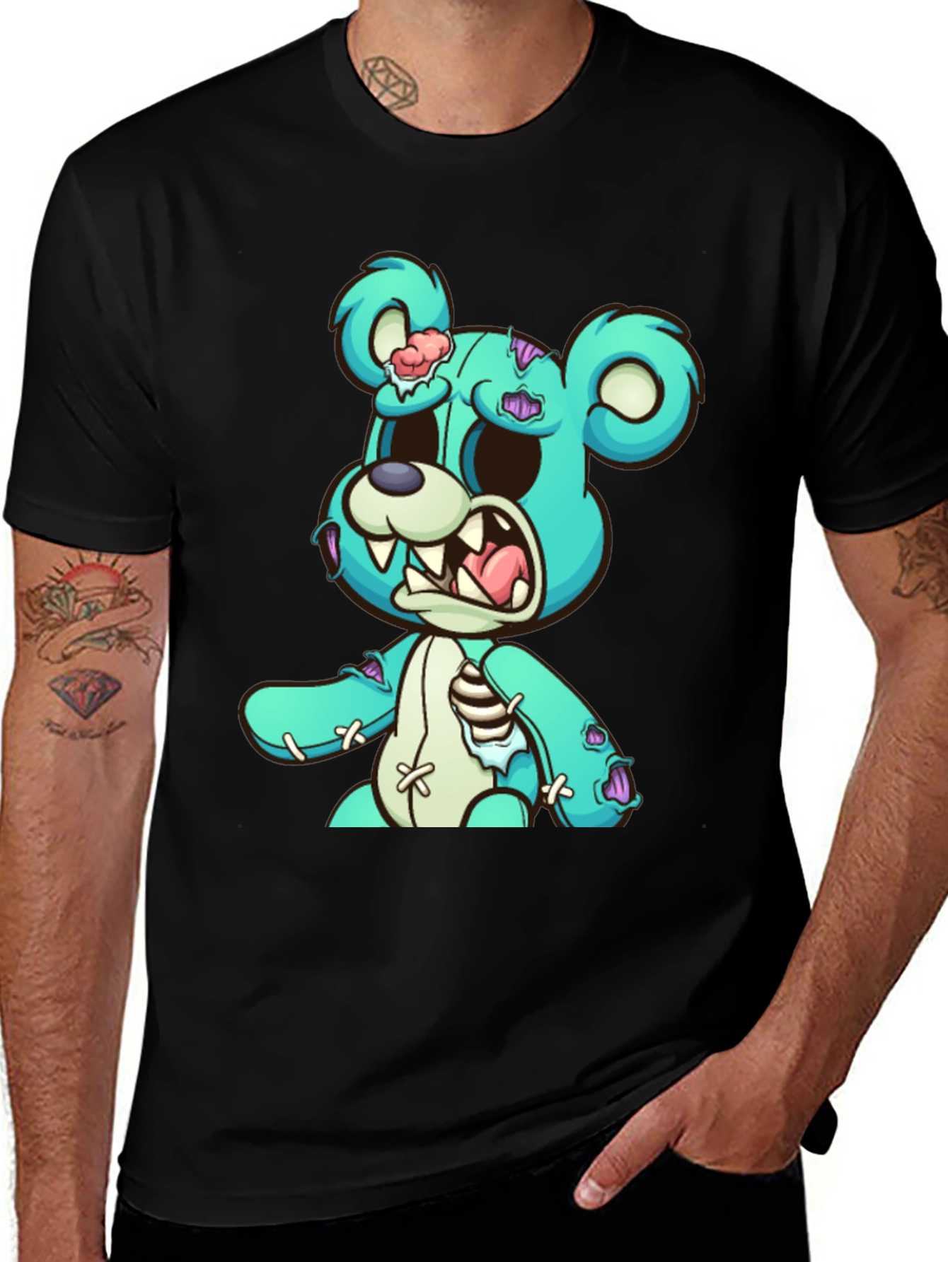 Variant 26 of Zombie Teddy Bear Graphic Print Black T-Shirt