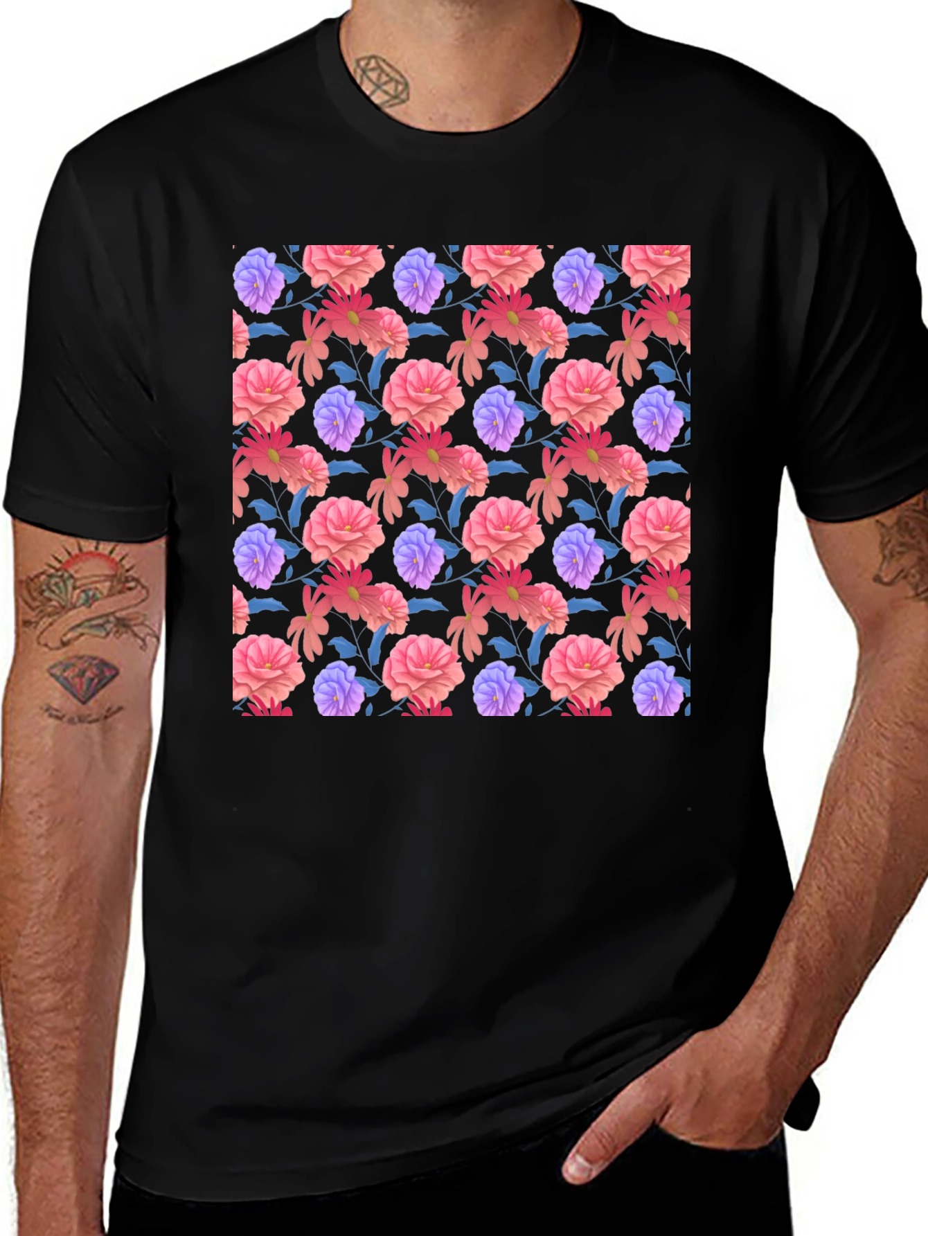 Variant 27 of Floral Print Black T-Shirt - Stylish Casual Wear