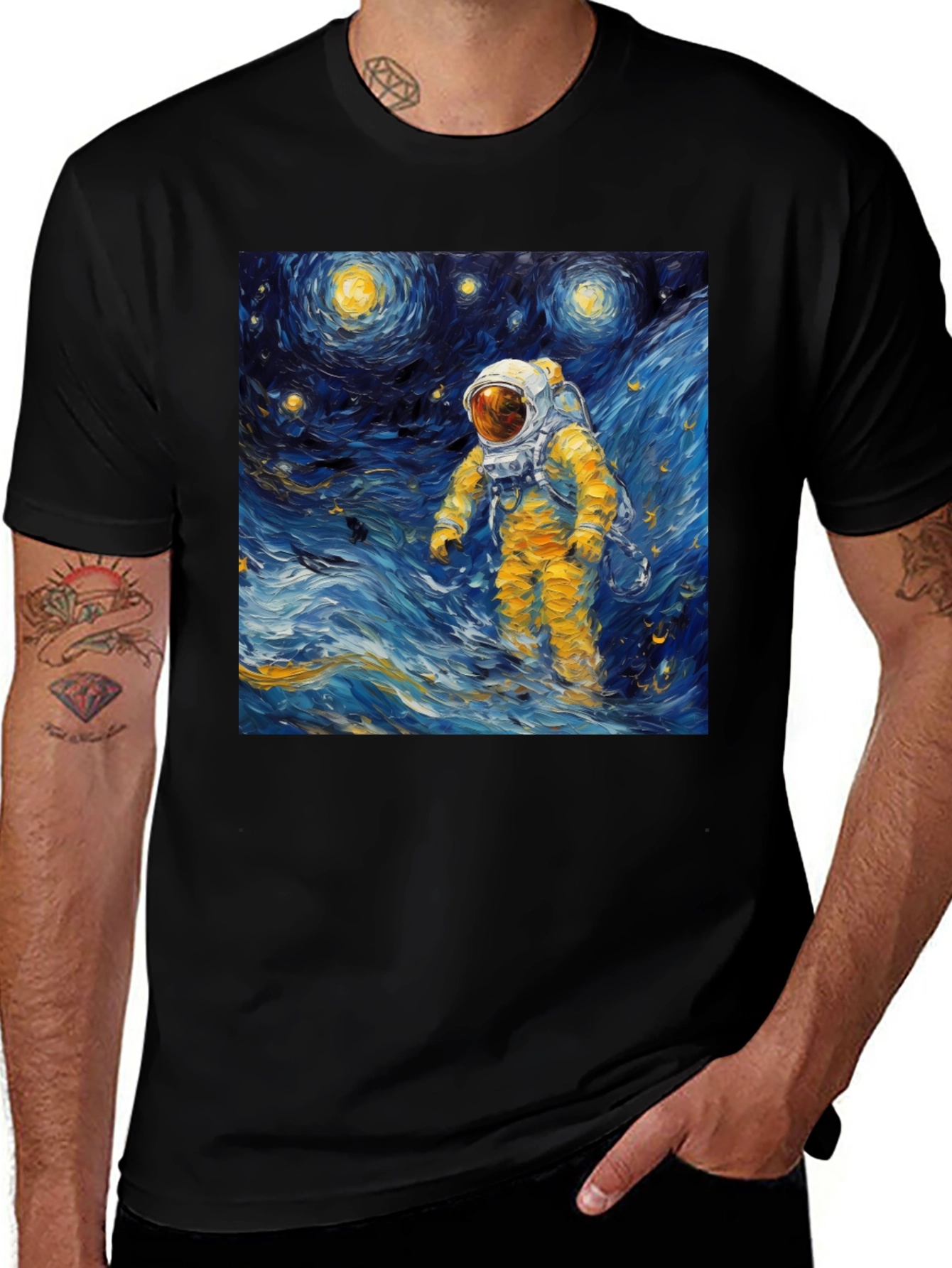 Black Starry Night Astronaut Graphic Tee main image