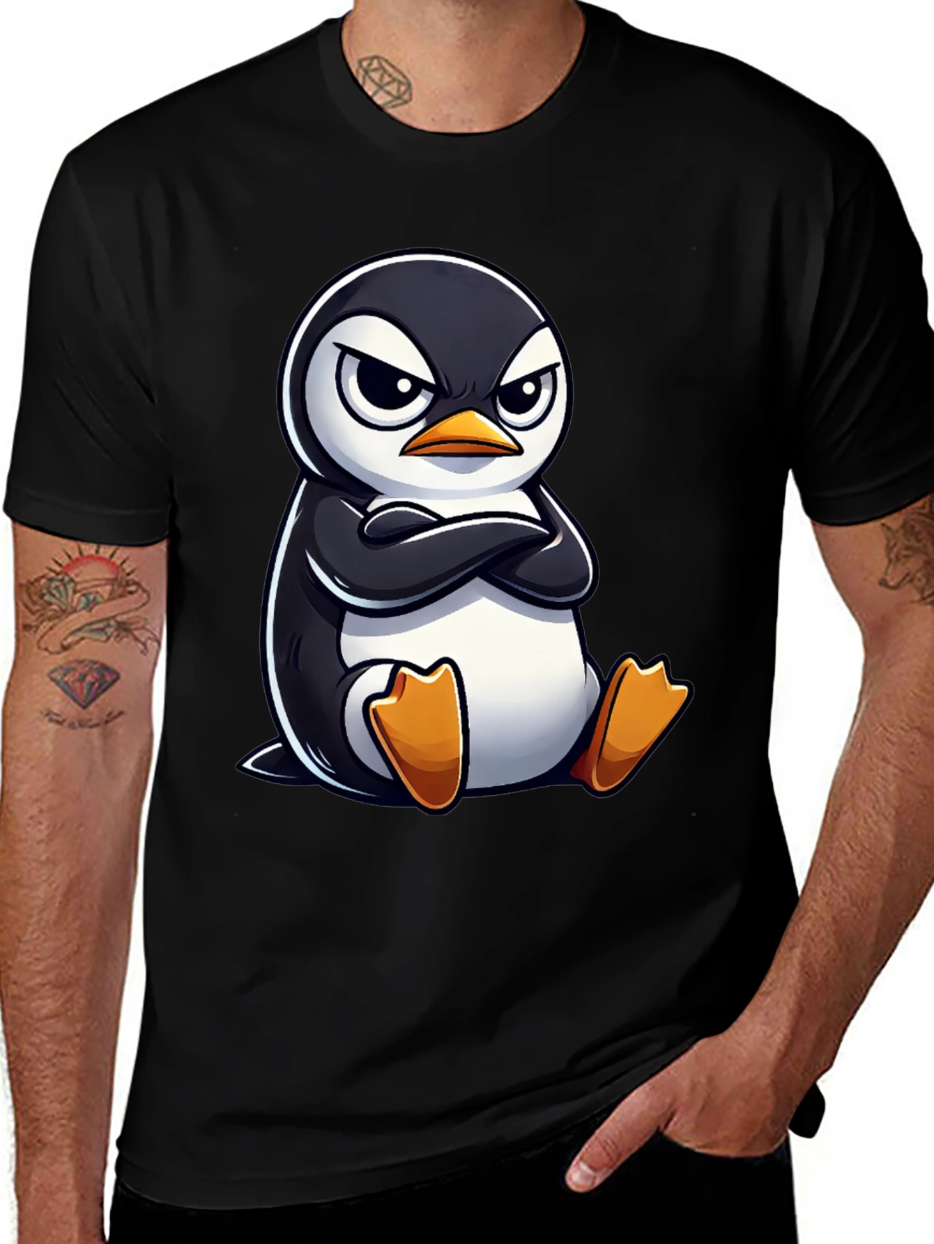 Variant 2 of Grumpy Penguin Graphic Tee - Black Cotton T-Shirt