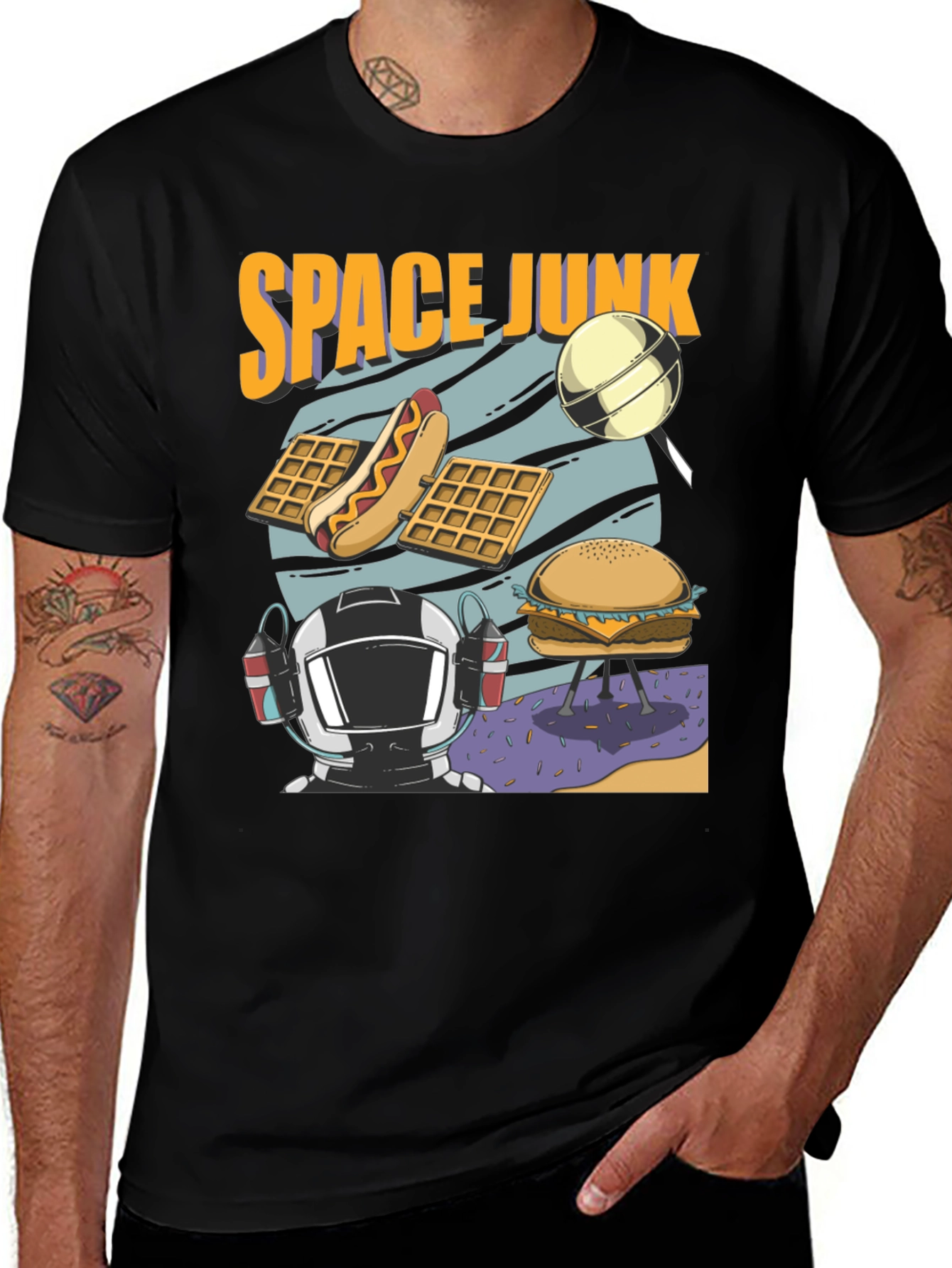 Space Junk Graphic T-Shirt - Astronaut and Food Design