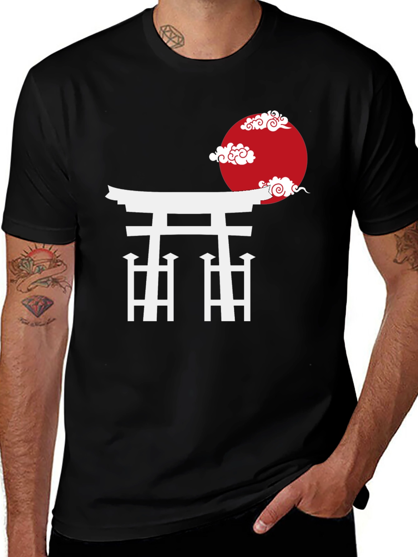 Japanese Torii Gate T-Shirt - Red Moon & Clouds Design