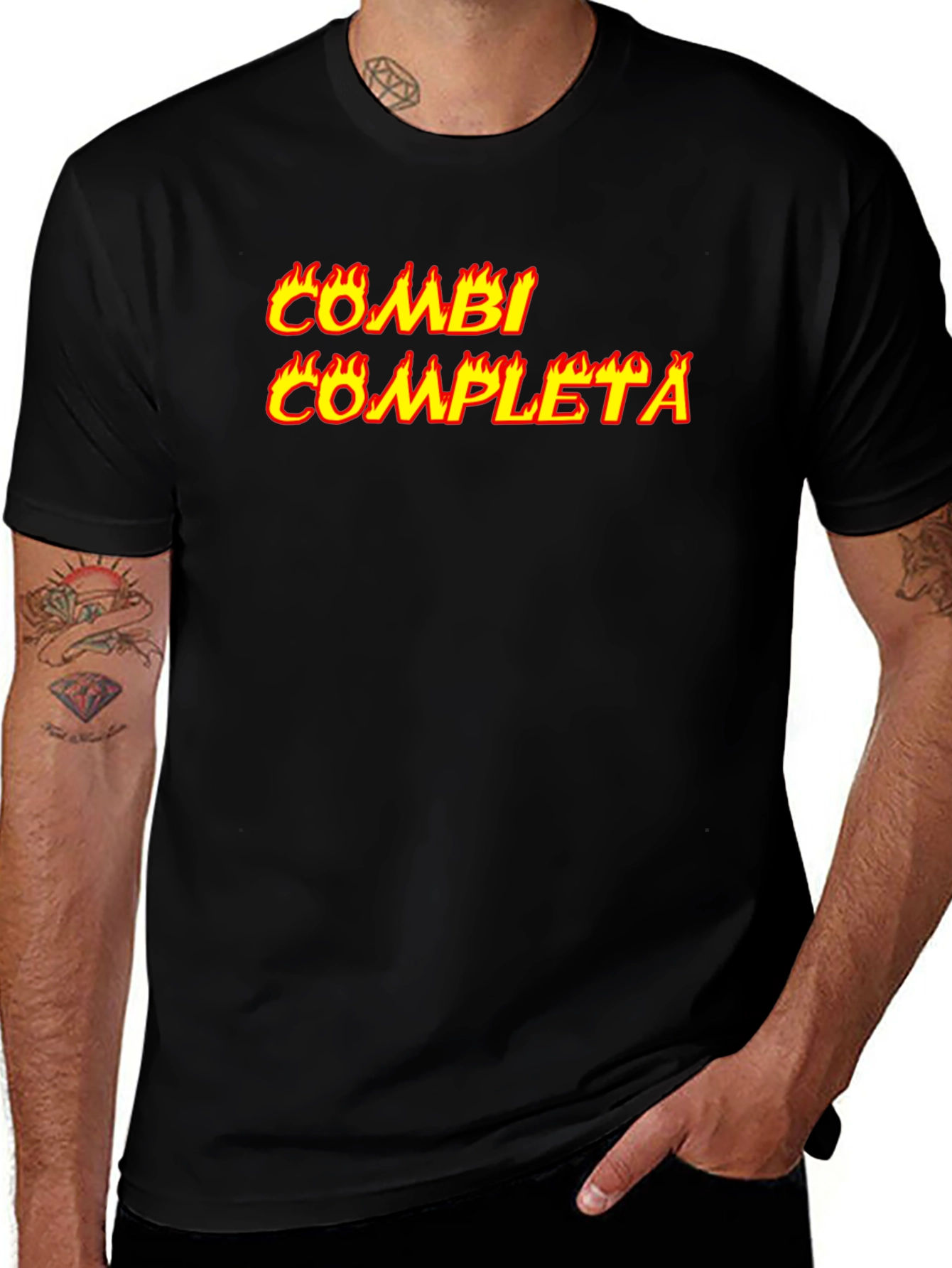 Variant 22 of Combi Completa Flaming Text Black Tee
