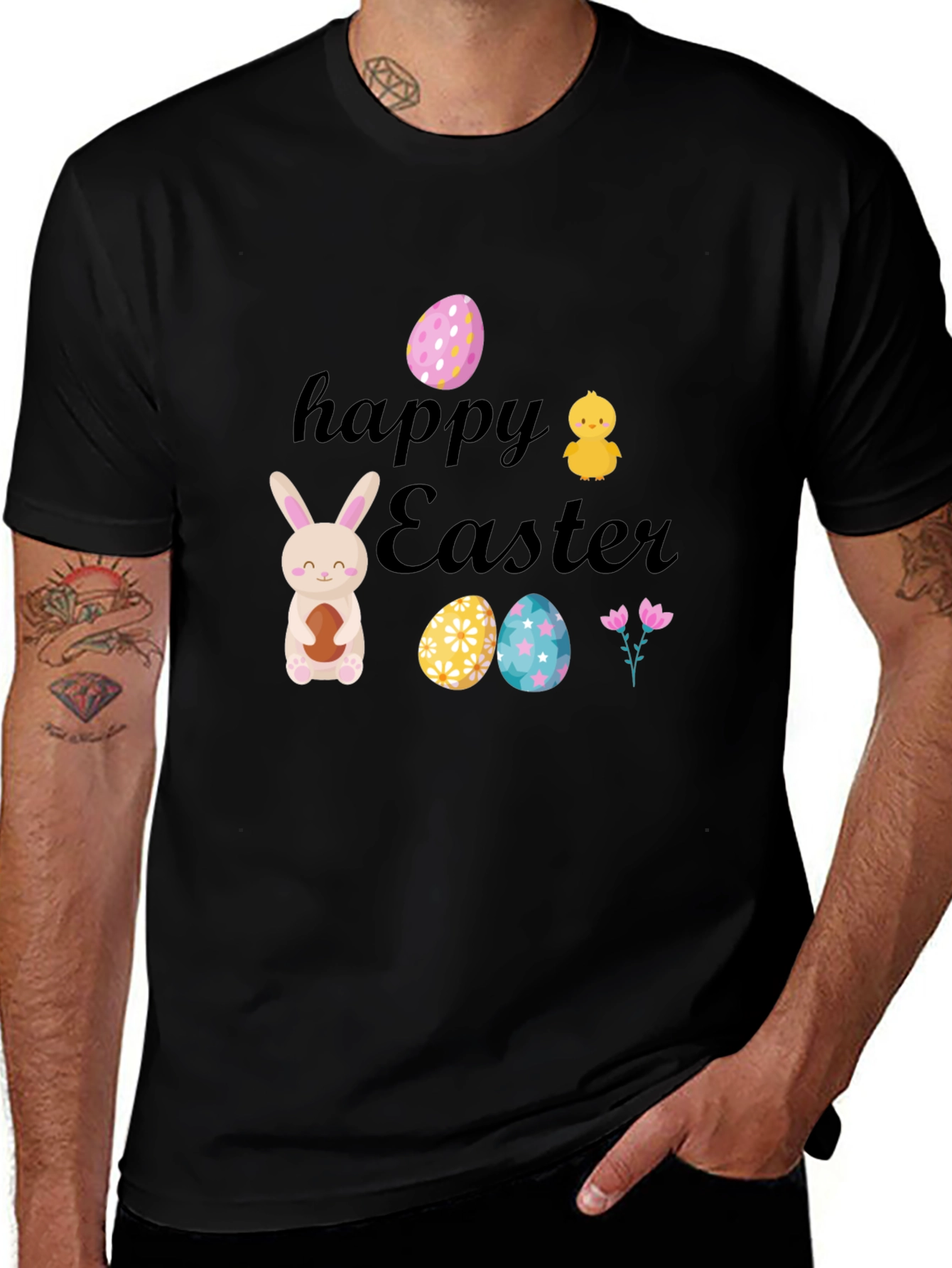 Happy Easter T-Shirt: Bunny, Chick, and Eggs