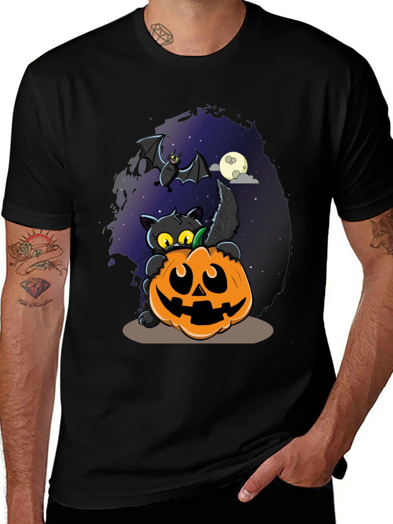 Halloween Cat & Pumpkin Graphic T-Shirt