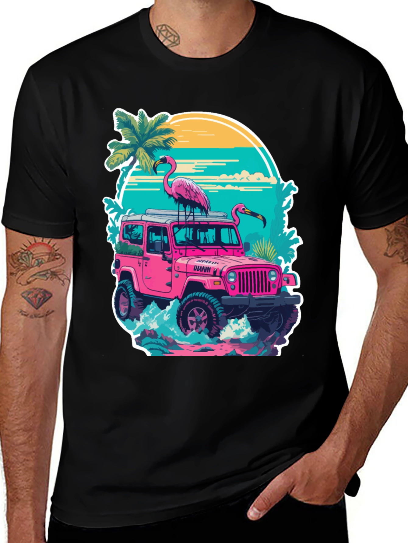 Variant 14 of Flamingo Jeep Graphic Tee - Tropical Vibe