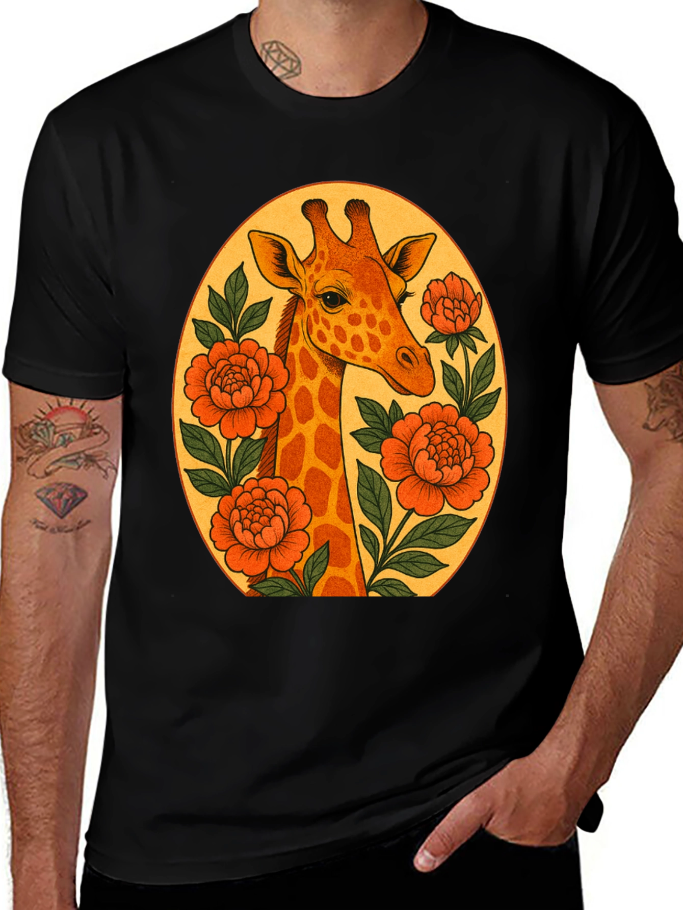 Variant 28 of Giraffe and Flowers Black Graphic T-Shirt