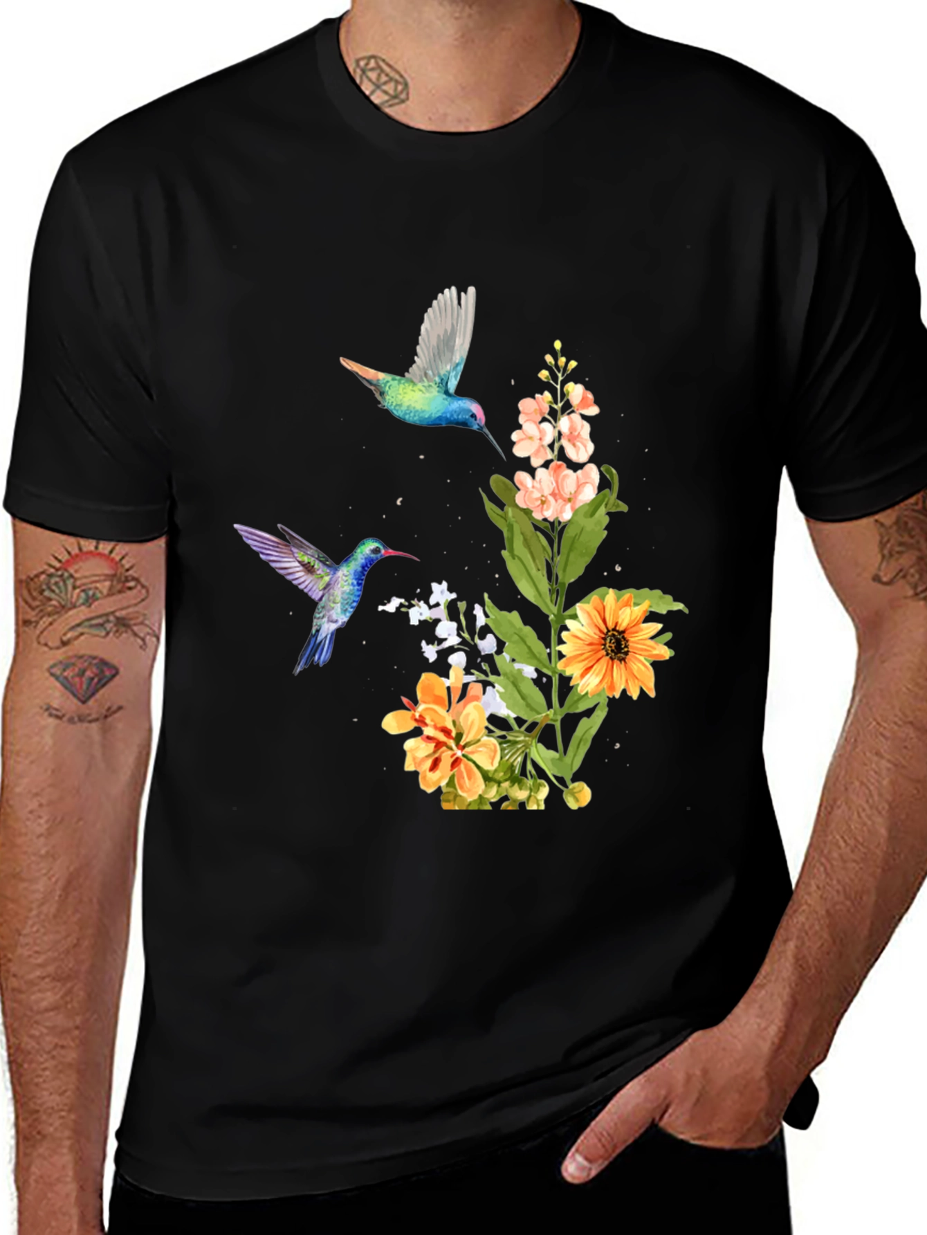 Hummingbird & Floral Print T-Shirt