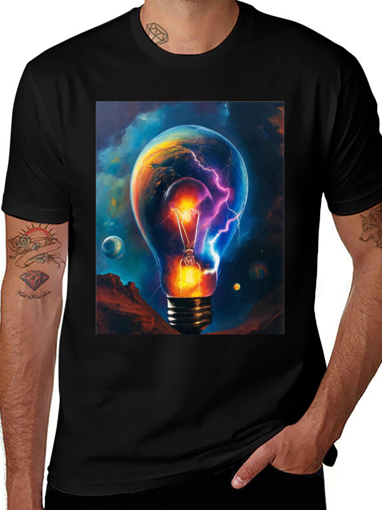 Variant 30 of Cosmic Lightbulb Graphic Tee - Black Cotton T-Shirt
