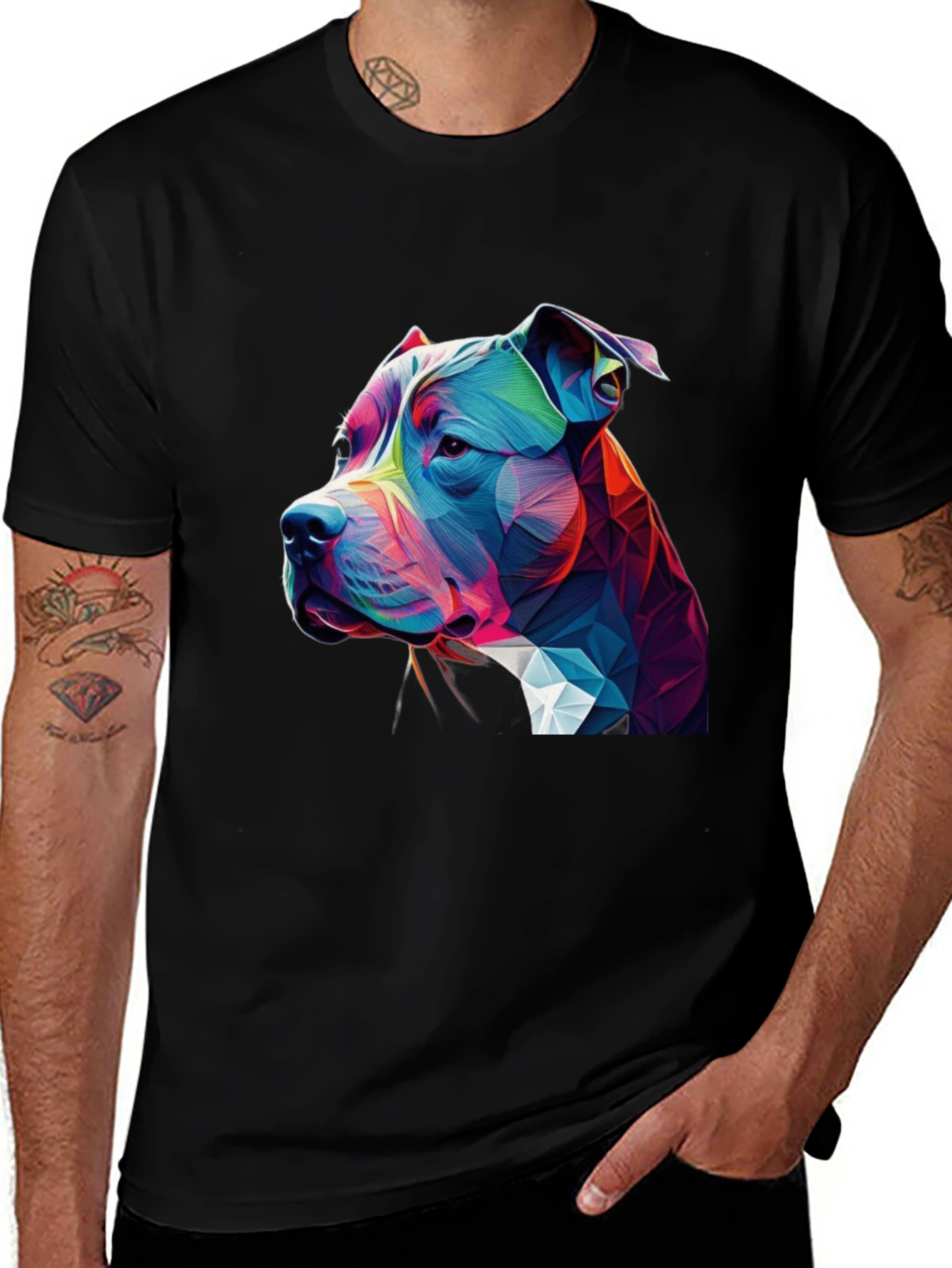 Variant 10 of Geometric Pitbull Dog Graphic Black T-Shirt