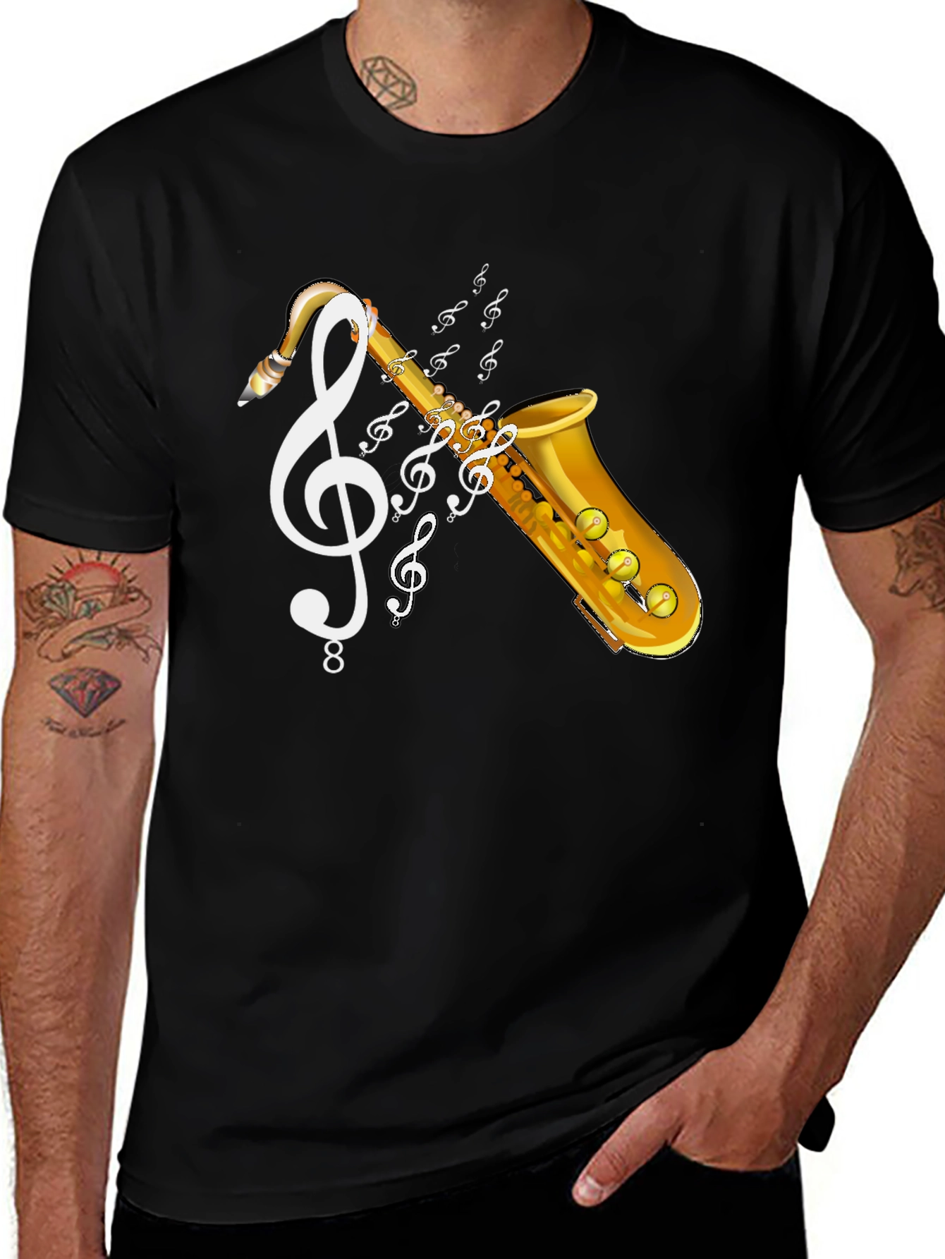 Black Saxophone Music T-Shirt - Musical Clef Design main image