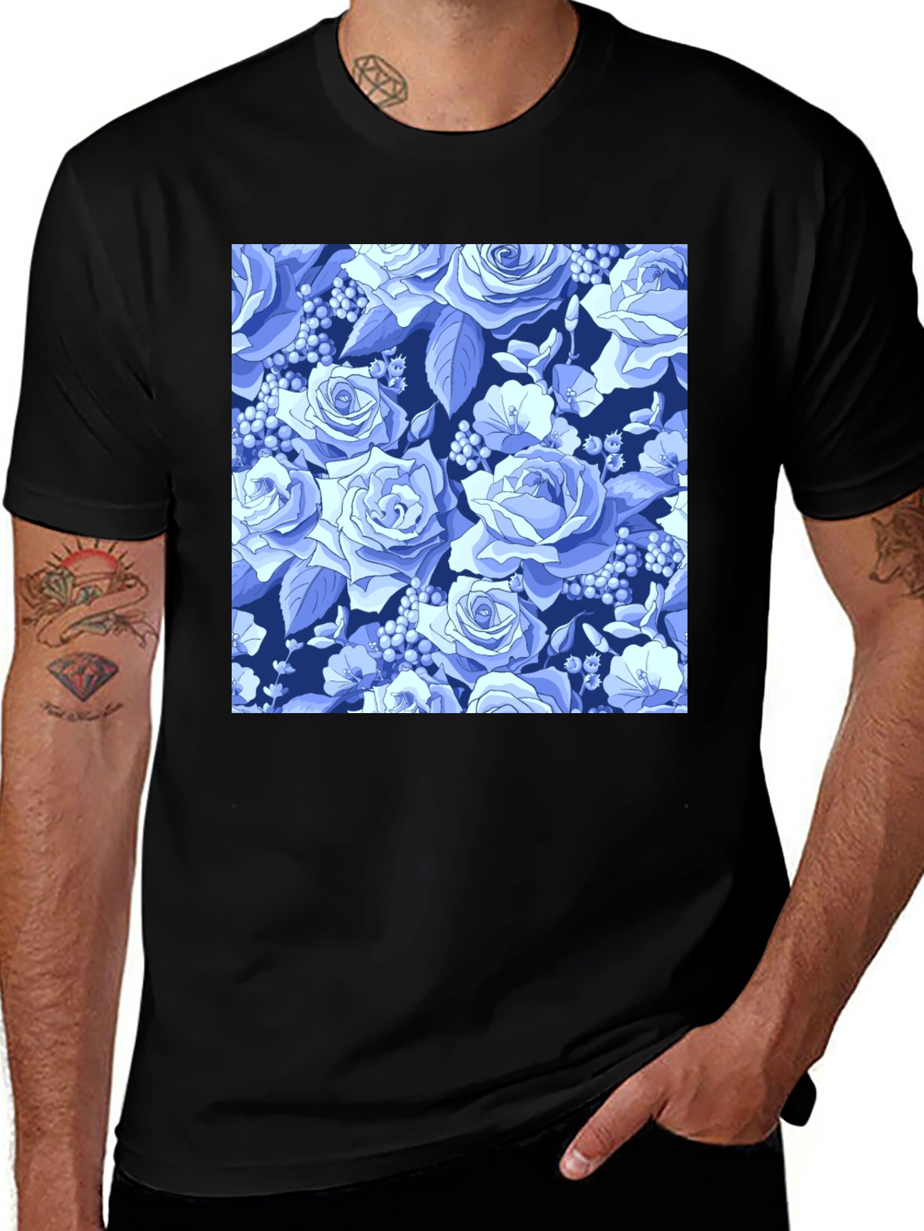 Variant 24 of Floral Rose Print Black T-Shirt