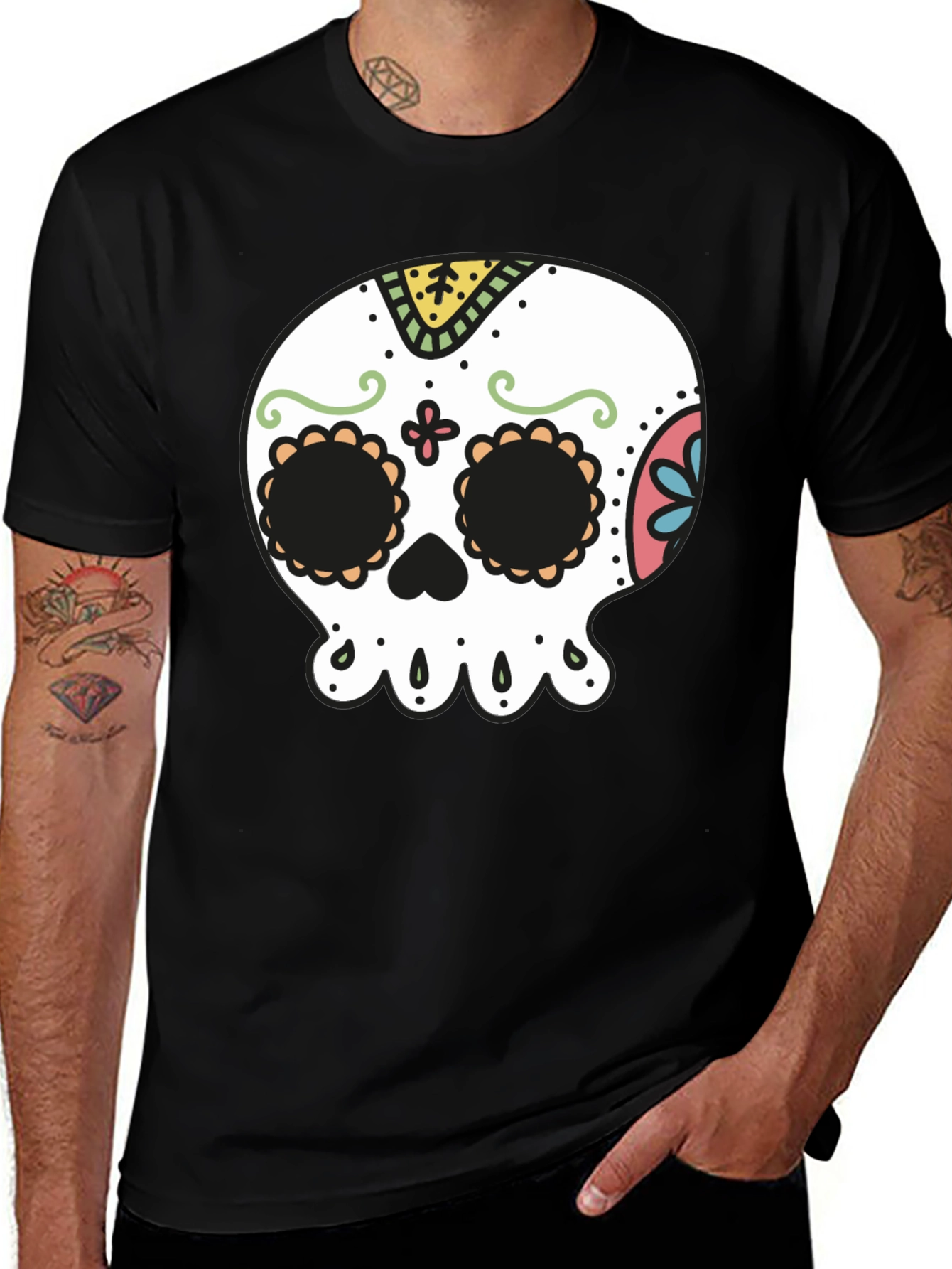 Variant 18 of Sugar Skull Graphic Tee - Men's Black T-Shirt