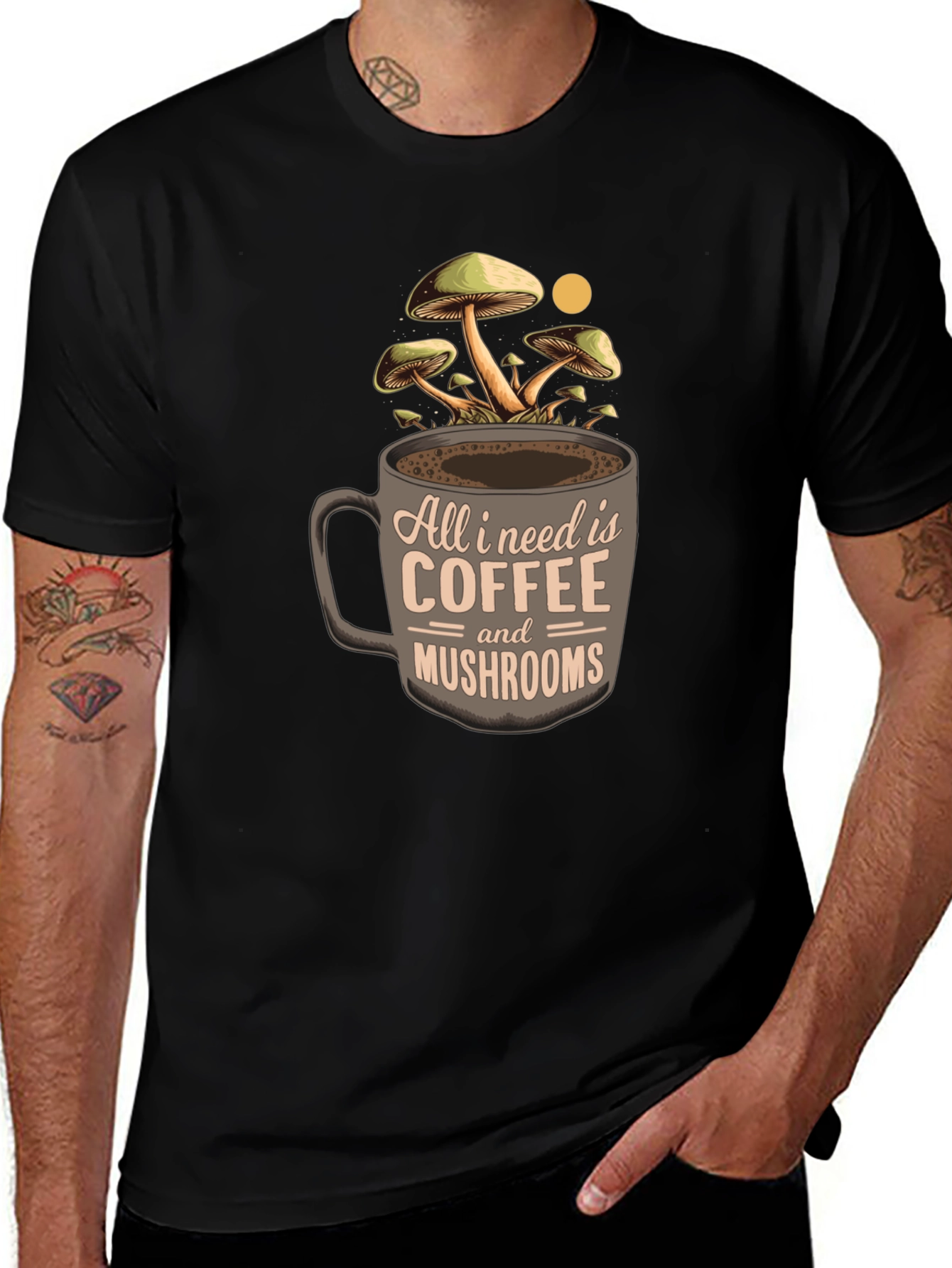 Variant 8 of Coffee and Mushrooms Graphic Tee - Black