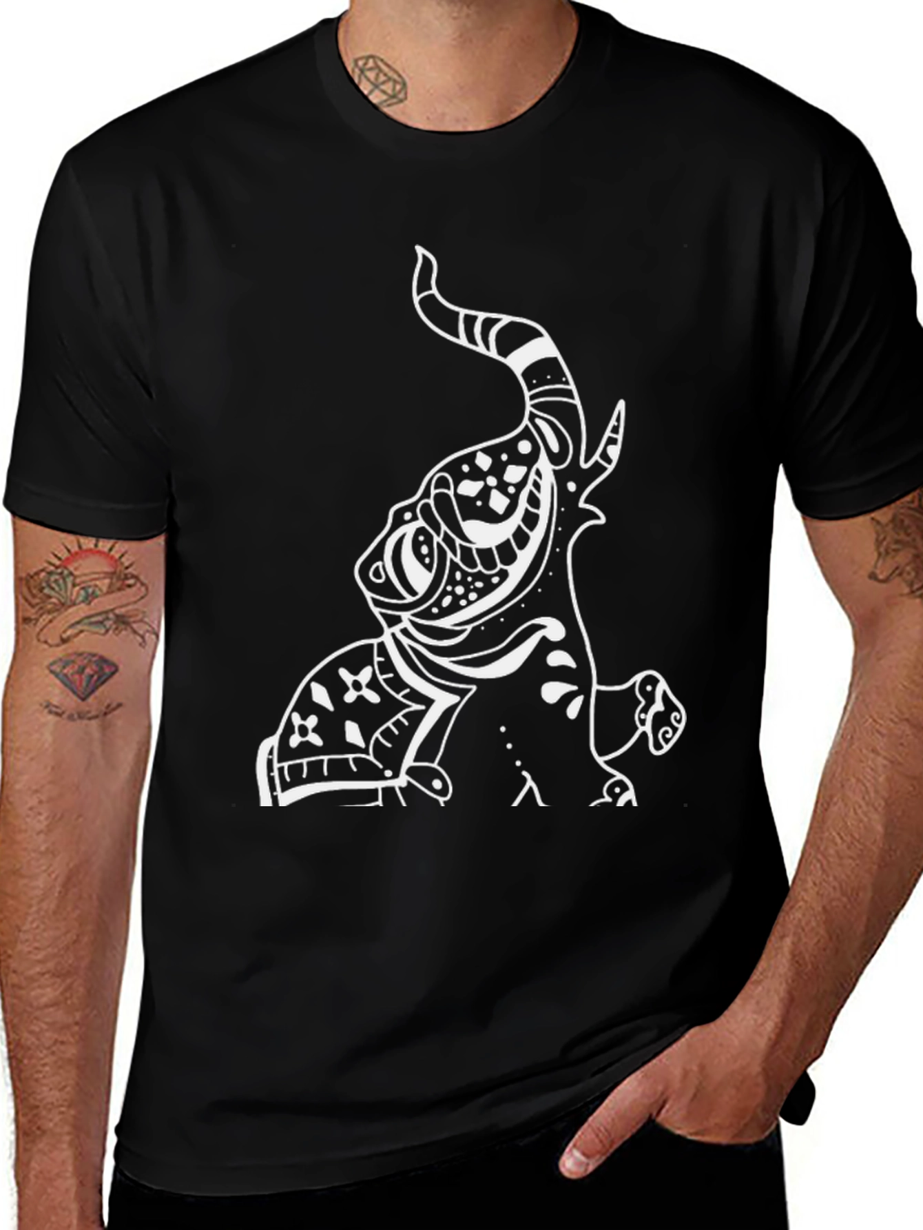 Variant 24 of Black T-Shirt with White Stylized Animal Design