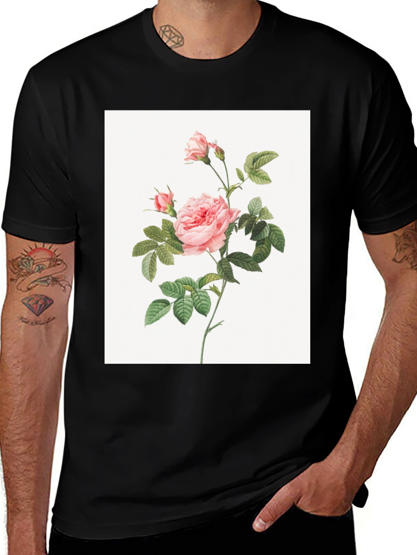 Vintage Rose Print Black T-Shirt